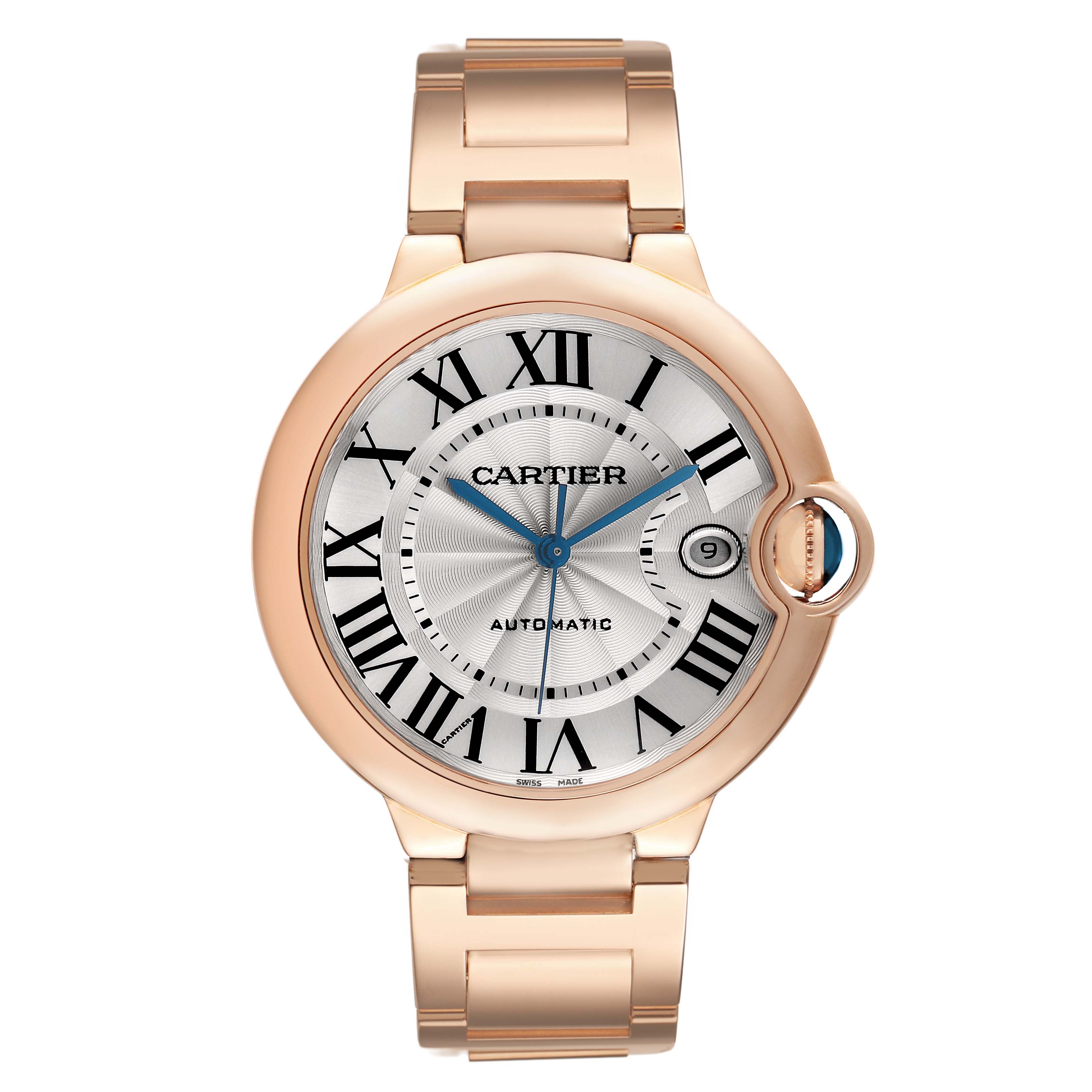 The Cartier Ballon Bleu WGBB0039 Men's Rose Gold Silver Dial watch is shown from a front angle, displaying its round face, Roman numerals, and bracelet.