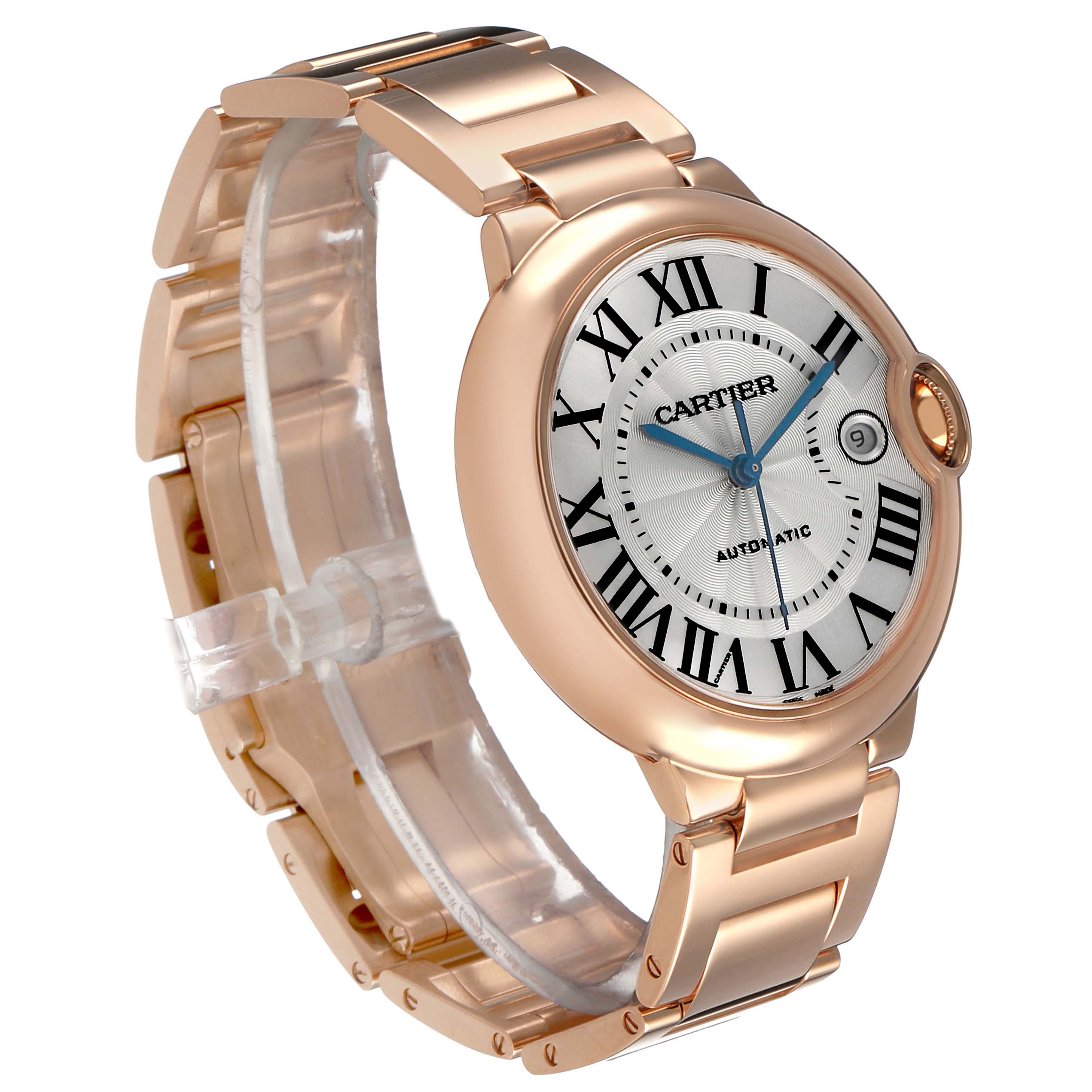 The image shows a Cartier Ballon Bleu WGBB0039 Men's Rose Gold Silver Dial watch at a three-quarter angle, highlighting its bezel, crown, dial, and bracelet.