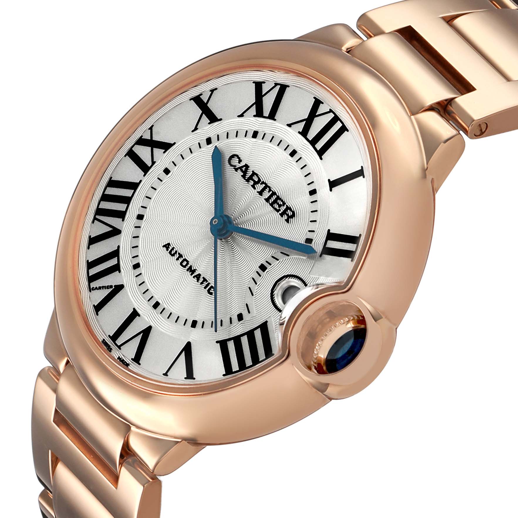 The Cartier Ballon Bleu WGBB0039 Men's Rose Gold Silver Dial watch is shown at an angled view, highlighting the case, roman numeral dial, hands, and blue cabochon crown.
