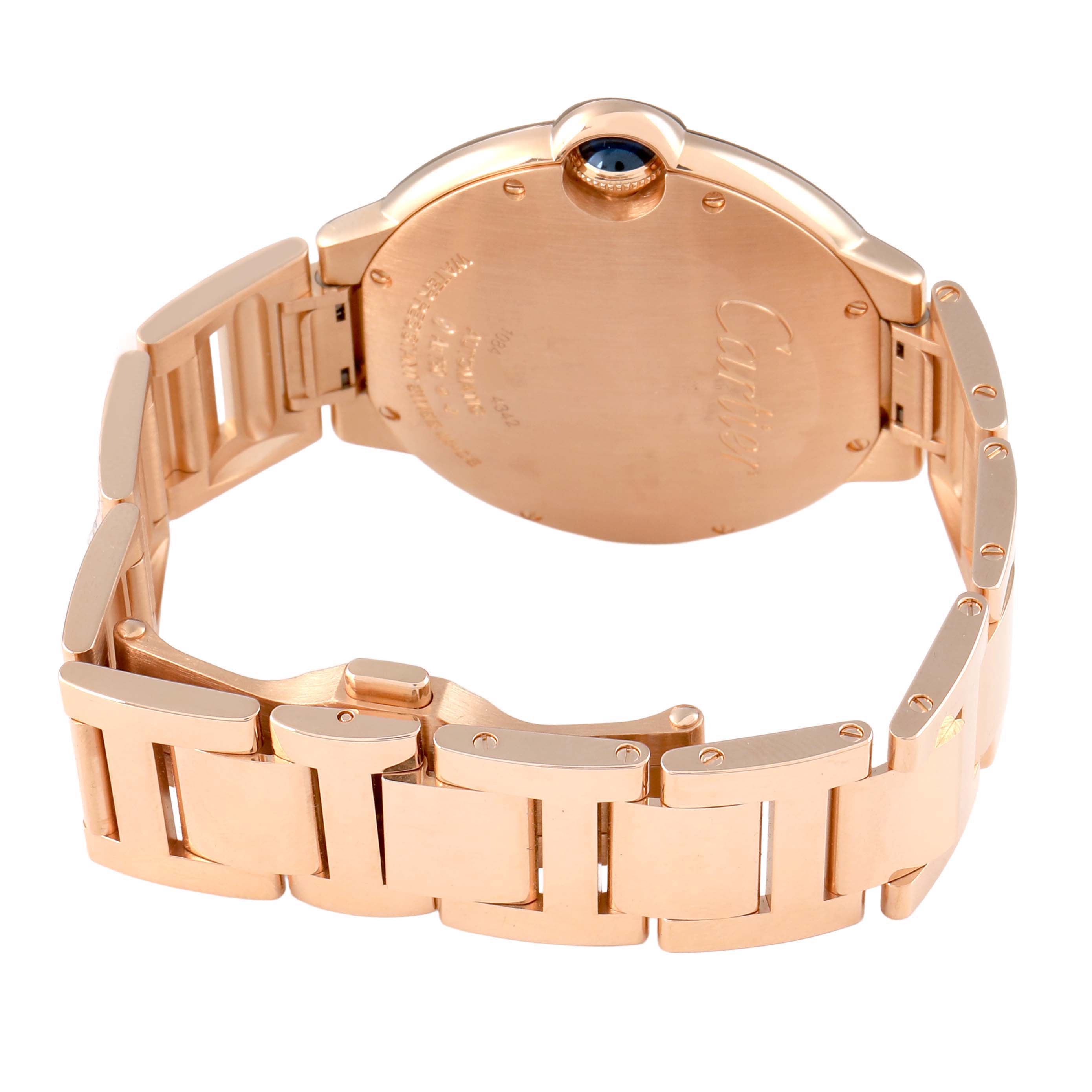 The image shows the back view of a Cartier Ballon Bleu WGBB0039 Men's Rose Gold Silver Dial watch, highlighting its gold bracelet and closed clasp.