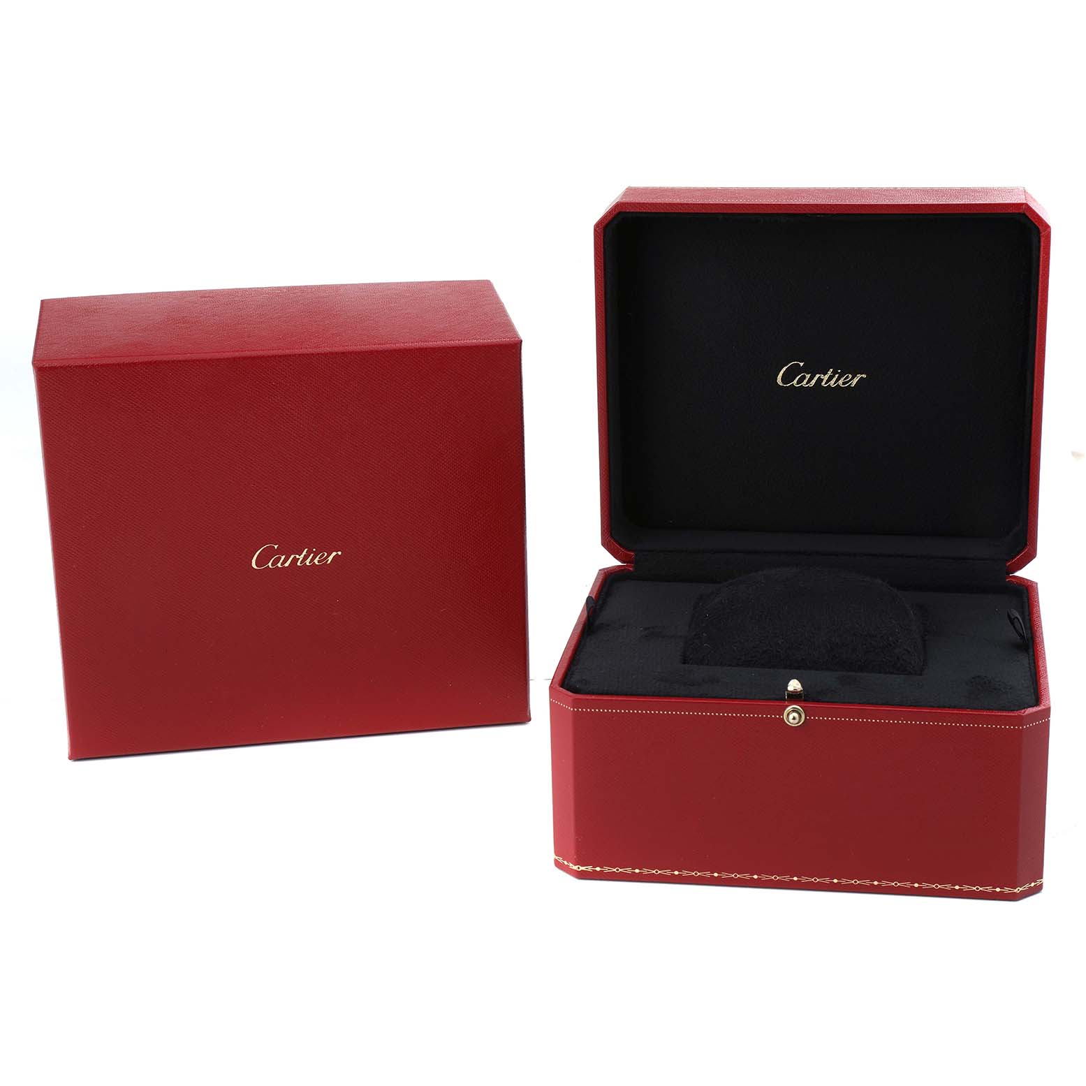 The image shows a Cartier Ballon Bleu WGBB0039 Men's Rose Gold Silver Dial watch box and case, open and closed, highlighting the brand's packaging.