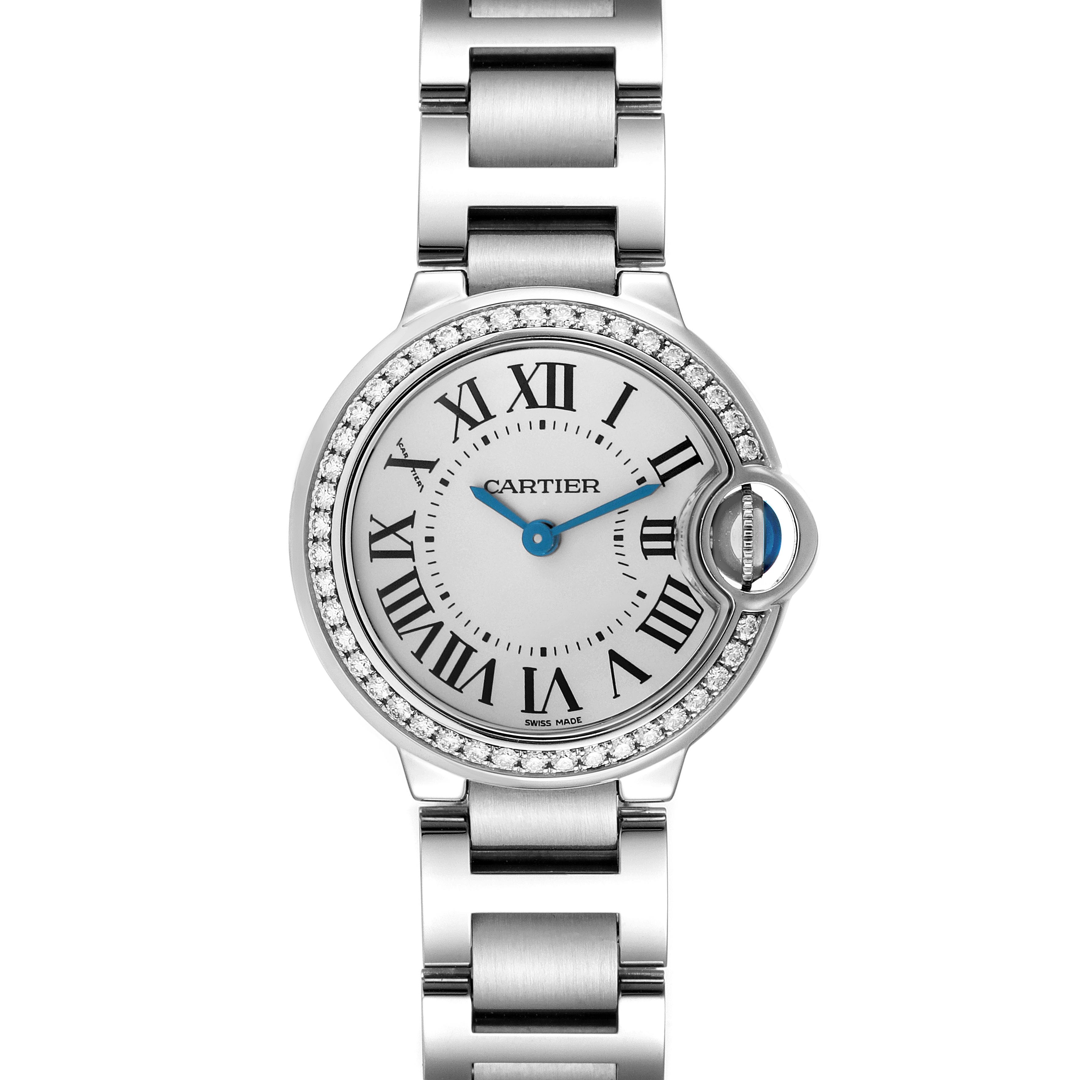The Cartier Ballon Bleu W4BB0015 Women
s Stainless Steel Silver Dial W4BB0015 Women
s Stainless Steel Silver Dial watch is shown from a front angle, displaying its face, bezel, Roman numerals, and partial bracelet.