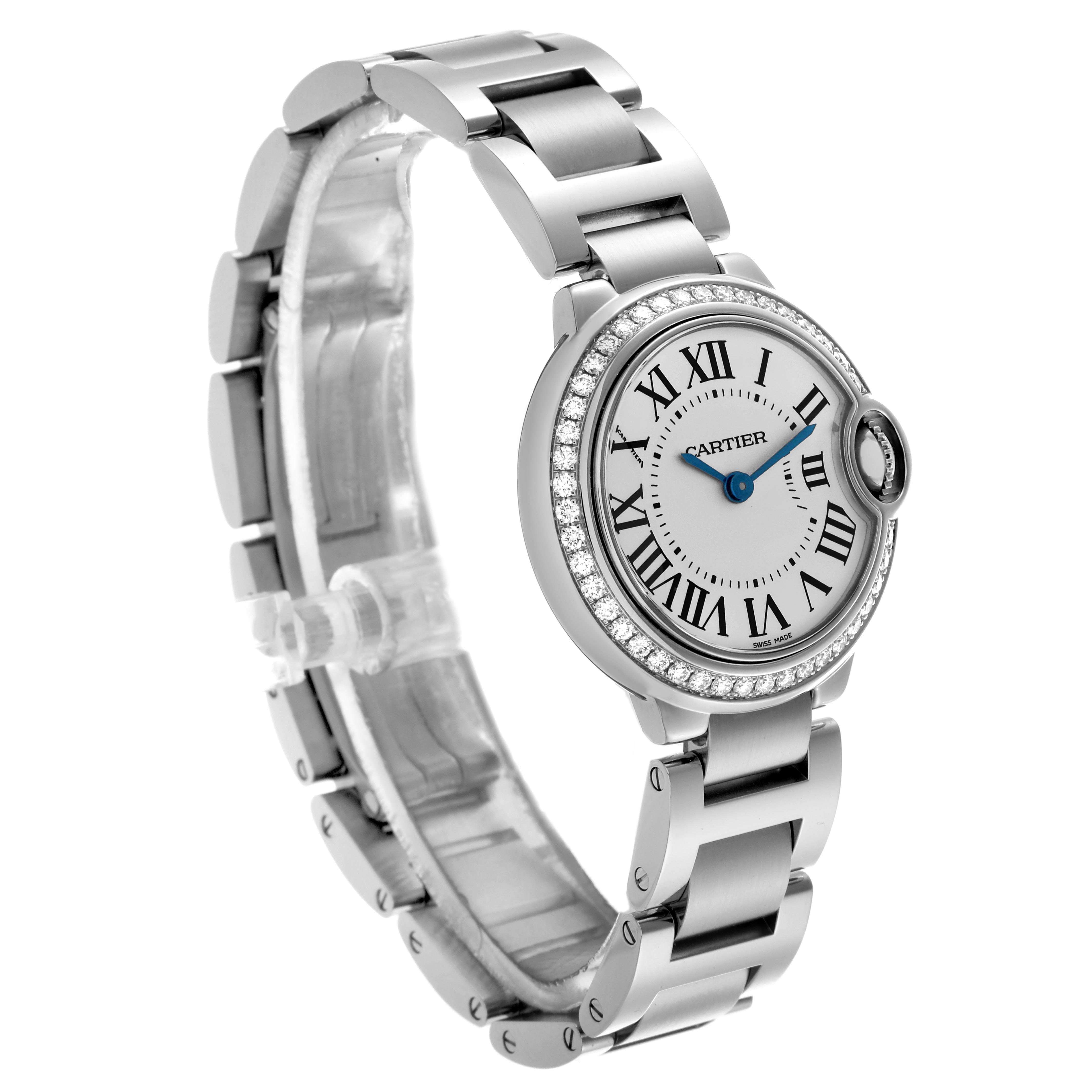The Cartier Ballon Bleu W4BB0015 Women
s Stainless Steel Silver Dial W4BB0015 Women
s Stainless Steel Silver Dial watch is shown at a three-quarter angle, highlighting the face, Roman numerals, and stainless steel bracelet.
