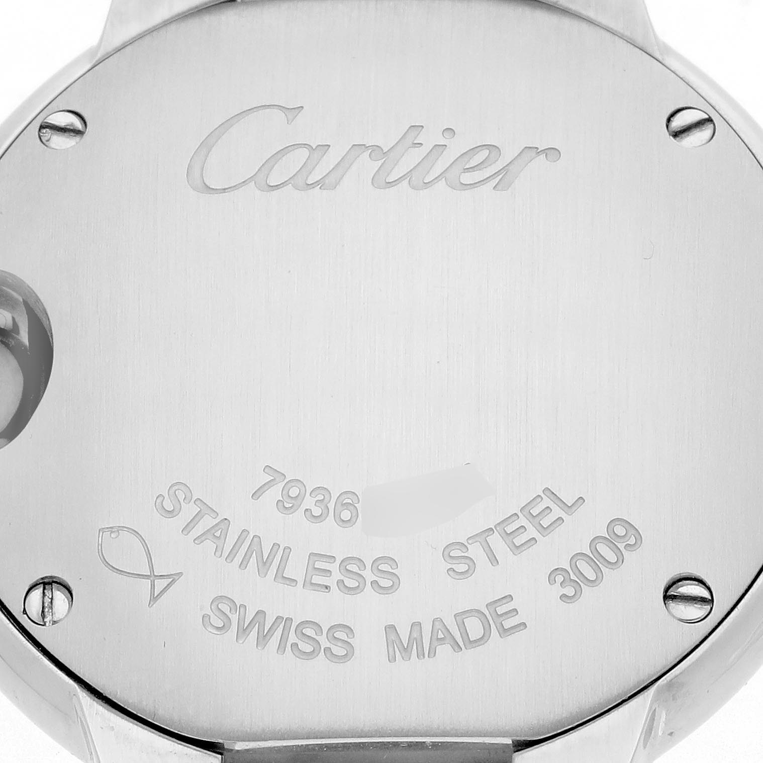 The image shows the back case of a Cartier Ballon Bleu W4BB0015 Women
s Stainless Steel Silver Dial W4BB0015 Women
s Stainless Steel Silver Dial watch, highlighting engravings and screws.