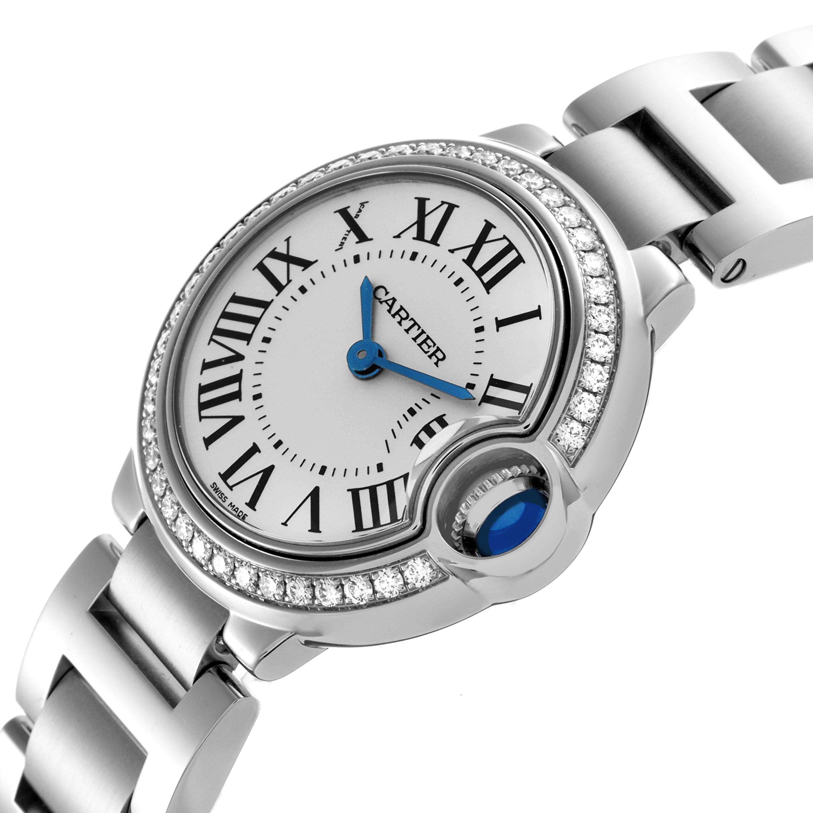 The Cartier Ballon Bleu W4BB0015 Women
s Stainless Steel Silver Dial W4BB0015 Women
s Stainless Steel Silver Dial watch is shown at an angle highlighting its face, Roman numerals, blue hands, and diamond-studded bezel.
