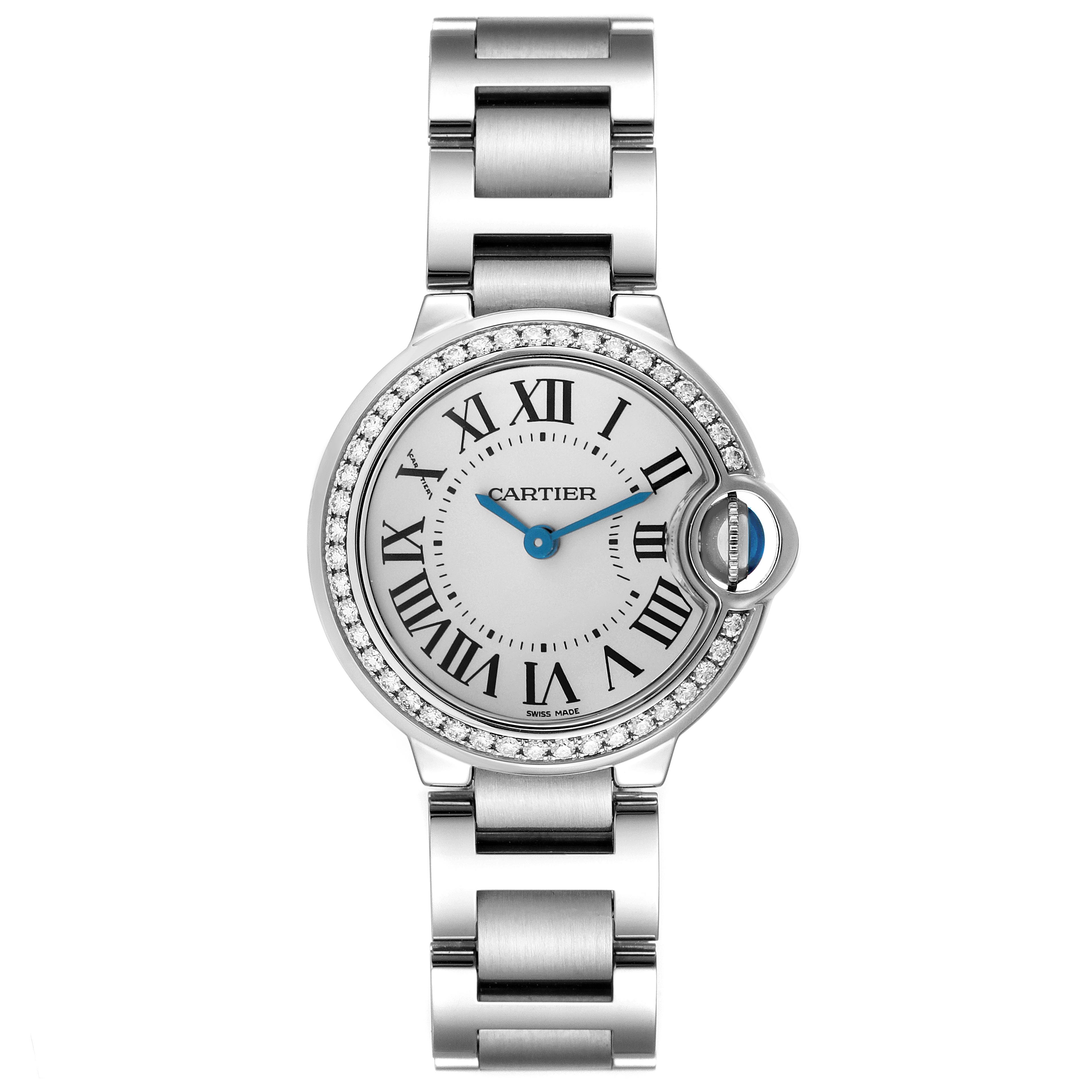 The Cartier Ballon Bleu W4BB0015 Women
s Stainless Steel Silver Dial W4BB0015 Women
s Stainless Steel Silver Dial watch is shown from a top-down angle, highlighting its round face, Roman numerals, and metallic bracelet.