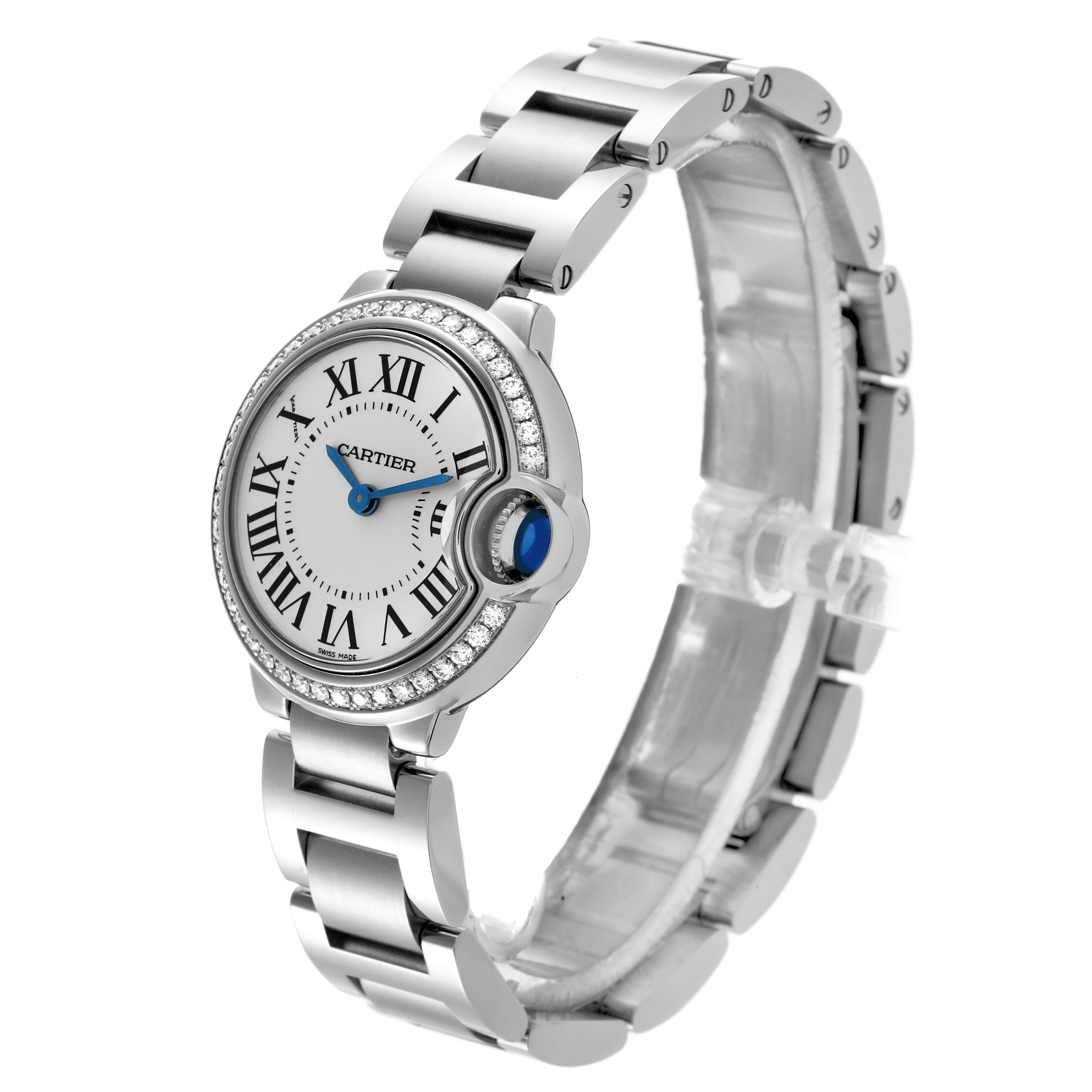 The Cartier Ballon Bleu W4BB0015 Women
s Stainless Steel Silver Dial W4BB0015 Women
s Stainless Steel Silver Dial watch is shown at a three-quarter angle, highlighting the round face, bracelet, and cabochon crown.