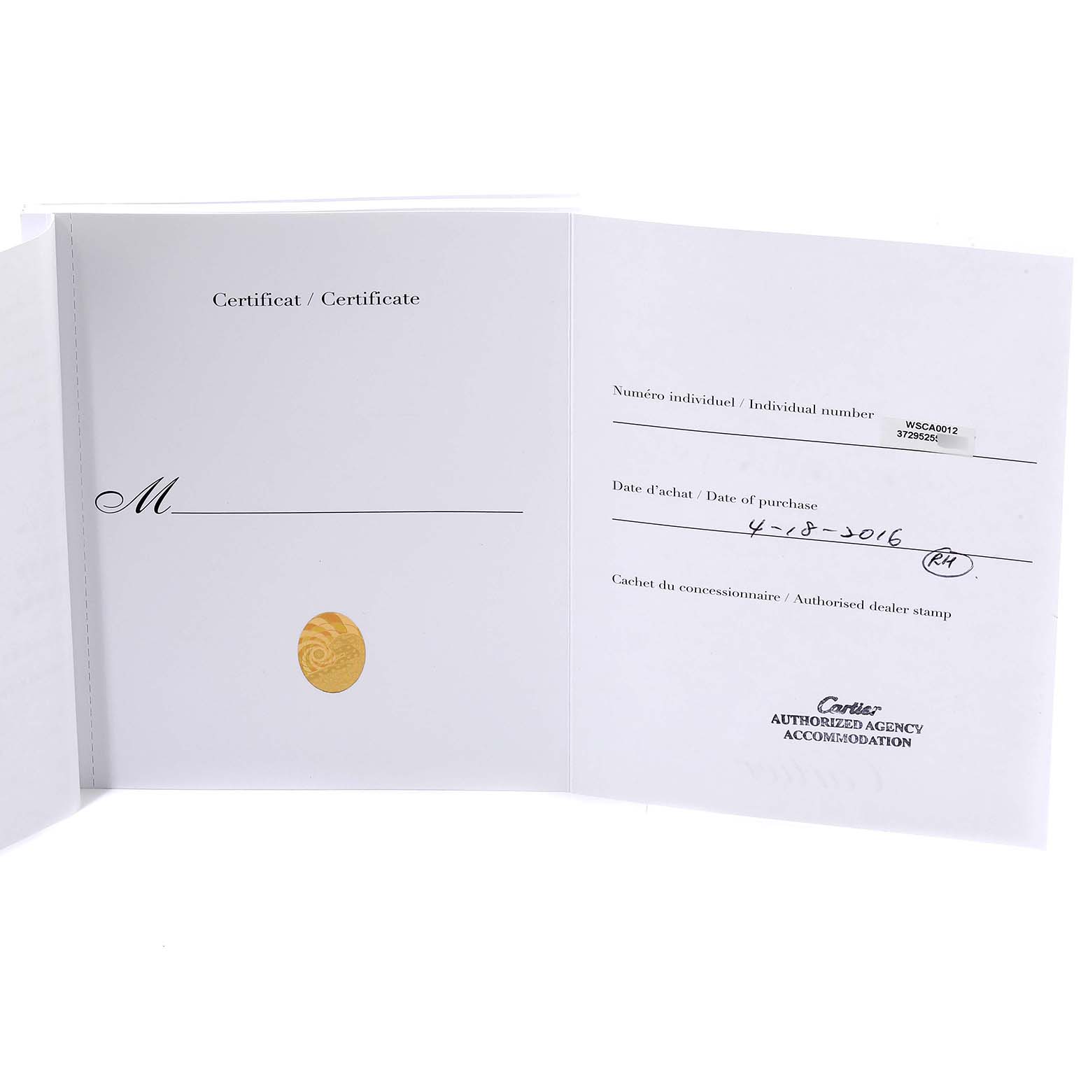 The image shows the warranty certificate for the Calibre de Cartier watch by Cartier, containing purchase details.