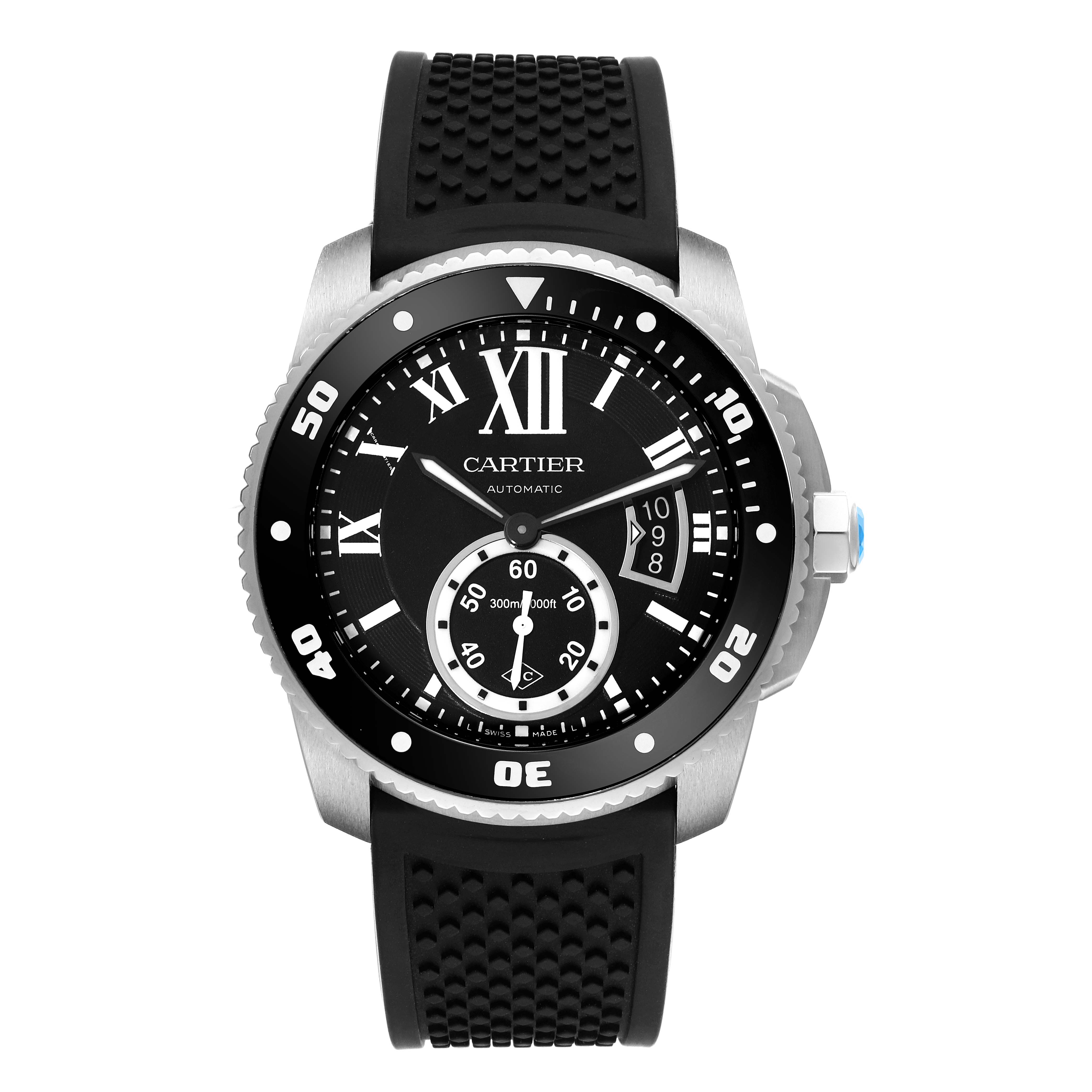 This Calibre de Cartier watch is shown from the front, displaying the dial, bezel, and rubber strap.