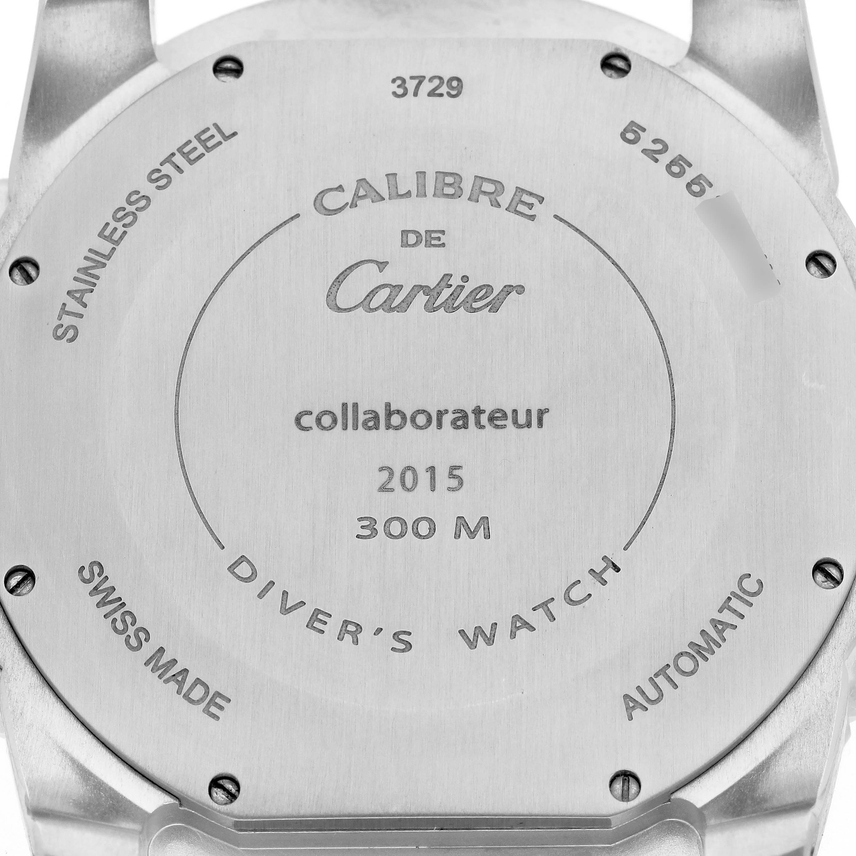 The image shows the back case of a Calibre de Cartier Diver
s Watch by Cartier, in stainless steel, displaying specifications and branding.