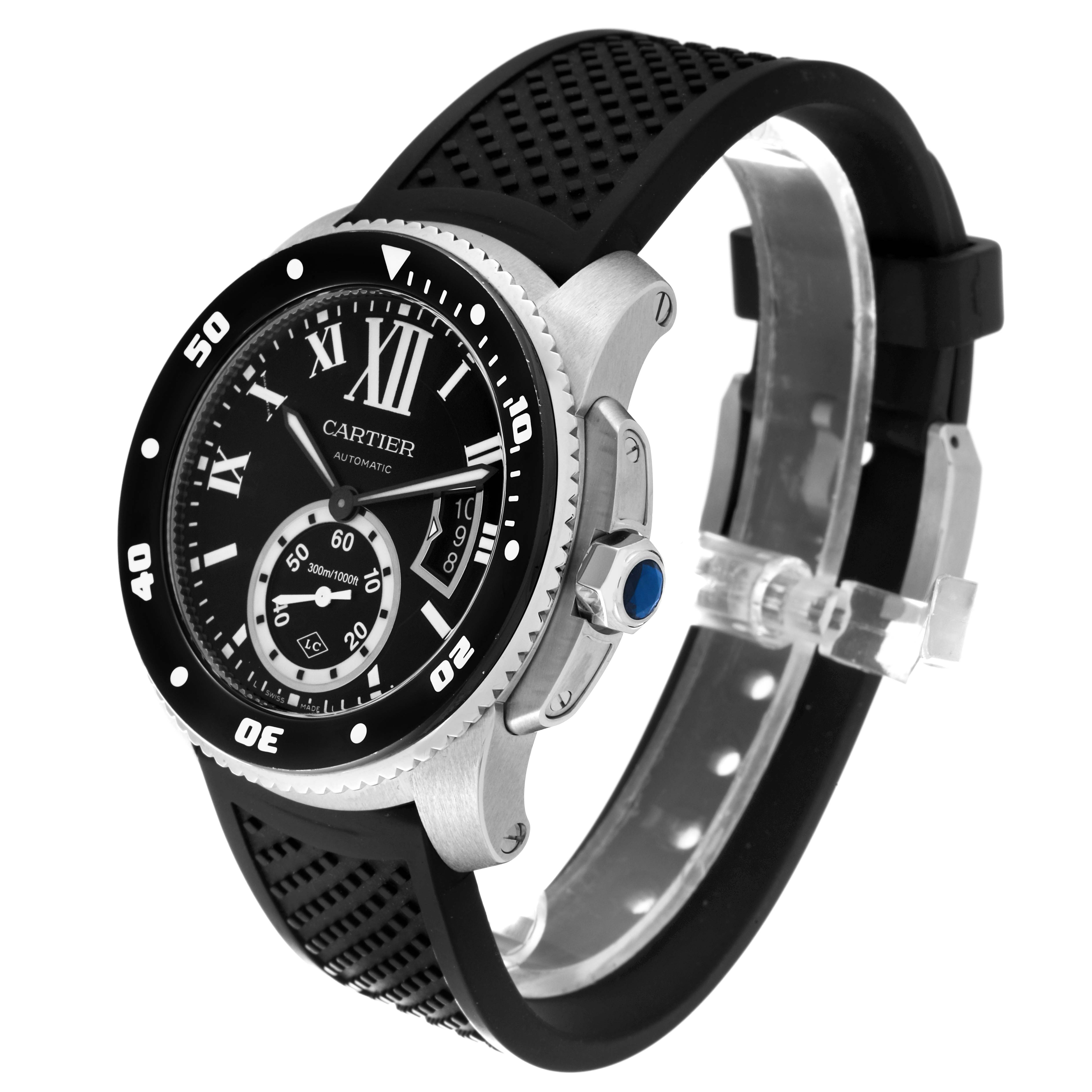 The image shows a side and front angle of the Calibre de Cartier watch by Cartier with a black rubber strap.