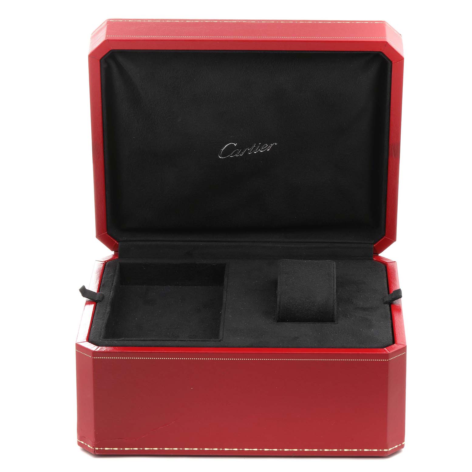 This image shows an open red Cartier box for the Roadster model watch, with compartments for the watch and accessories.
