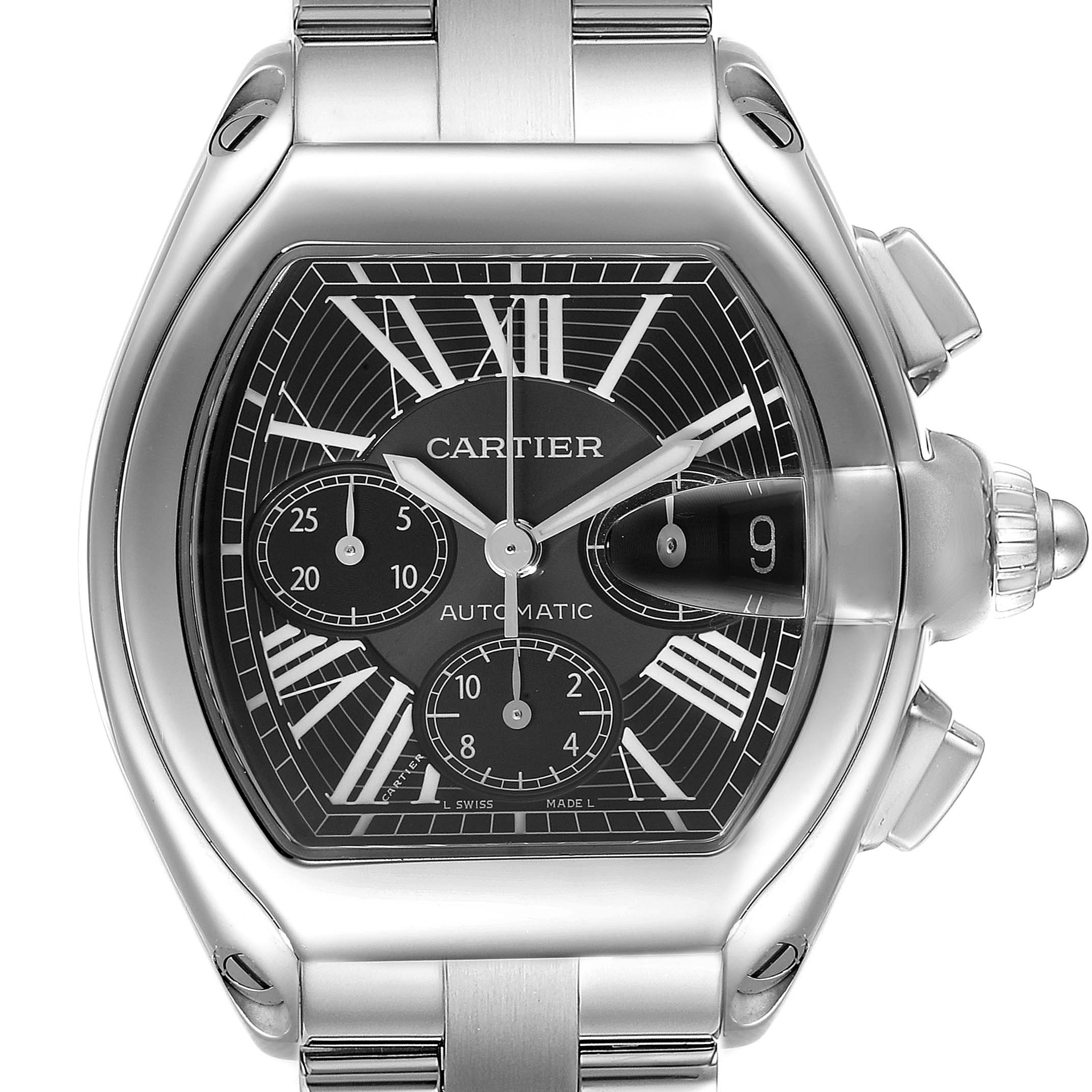 This image shows a frontal view of the Cartier Roadster W62020X6 Men
s Stainless Steel Black Dial W62020X6 Men
s Stainless Steel Black Dial watch, highlighting its face, dial, and bracelet.