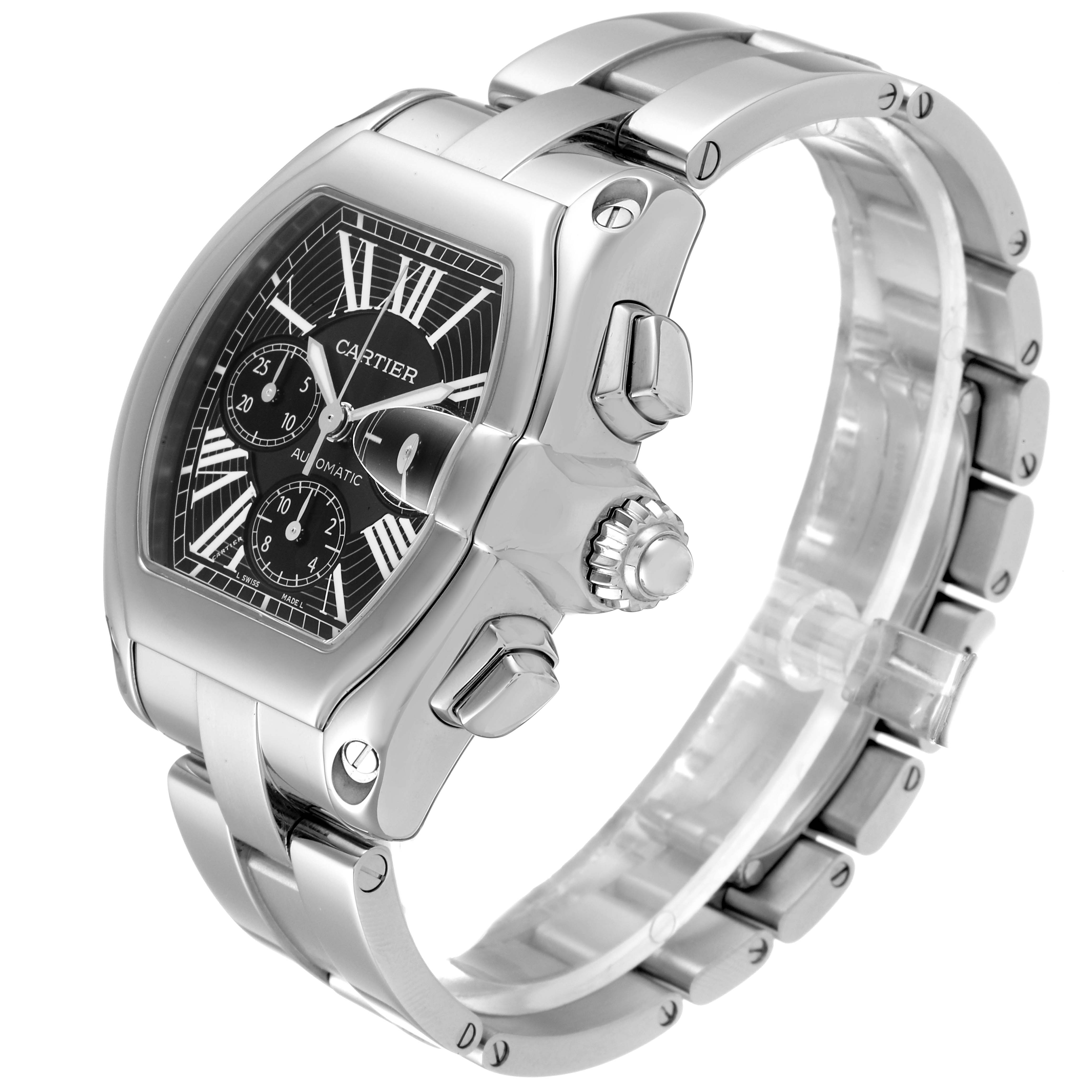 The image shows a side angle of the Cartier Roadster W62020X6 Men
s Stainless Steel Black Dial W62020X6 Men
s Stainless Steel Black Dial watch, displaying the face, crown, and bracelet.