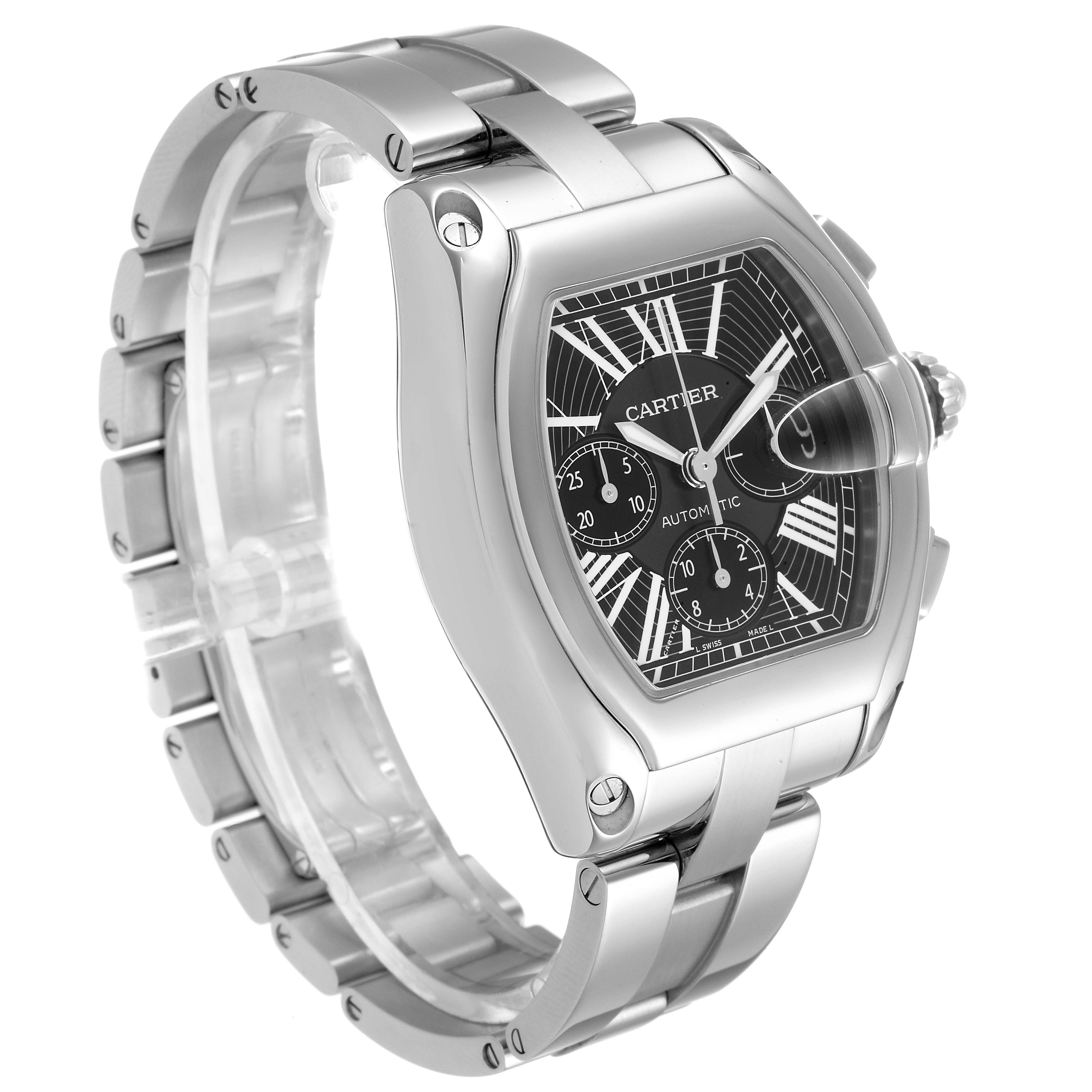 The Cartier Roadster W62020X6 Men
s Stainless Steel Black Dial W62020X6 Men
s Stainless Steel Black Dial watch is shown at a three-quarter angle, highlighting its face, crown, and bracelet.