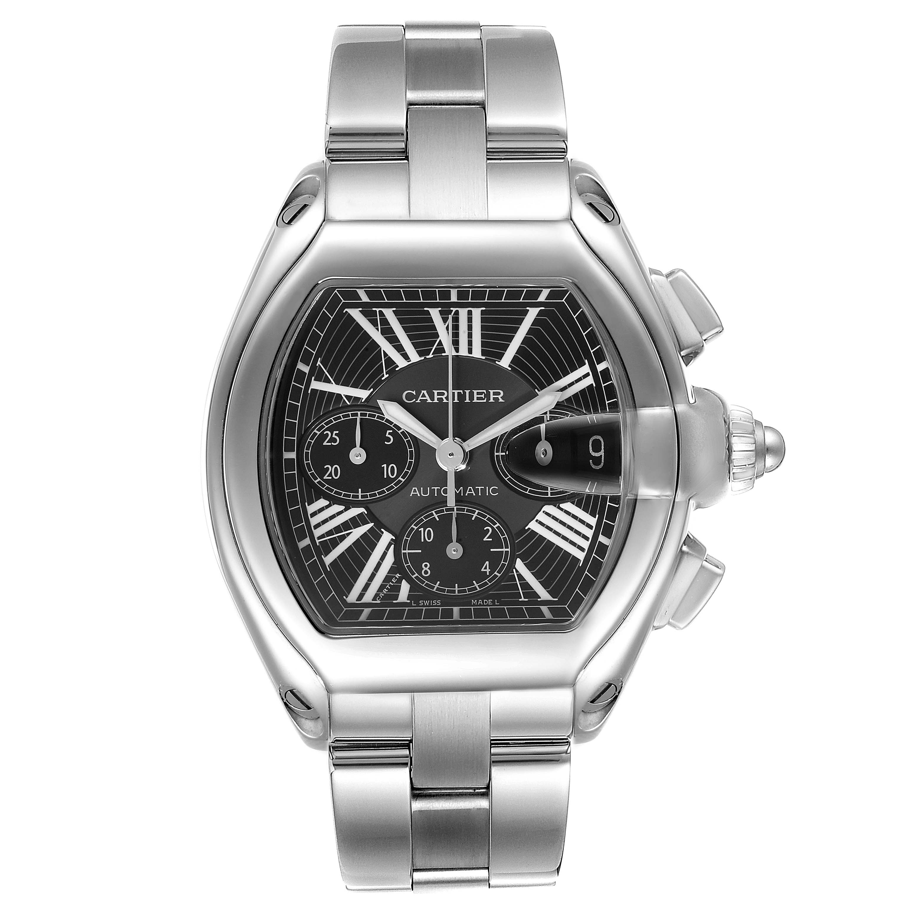 The image shows a Cartier Roadster W62020X6 Men
s Stainless Steel Black Dial W62020X6 Men
s Stainless Steel Black Dial watch with a frontal view displaying its dial, case, and bracelet.