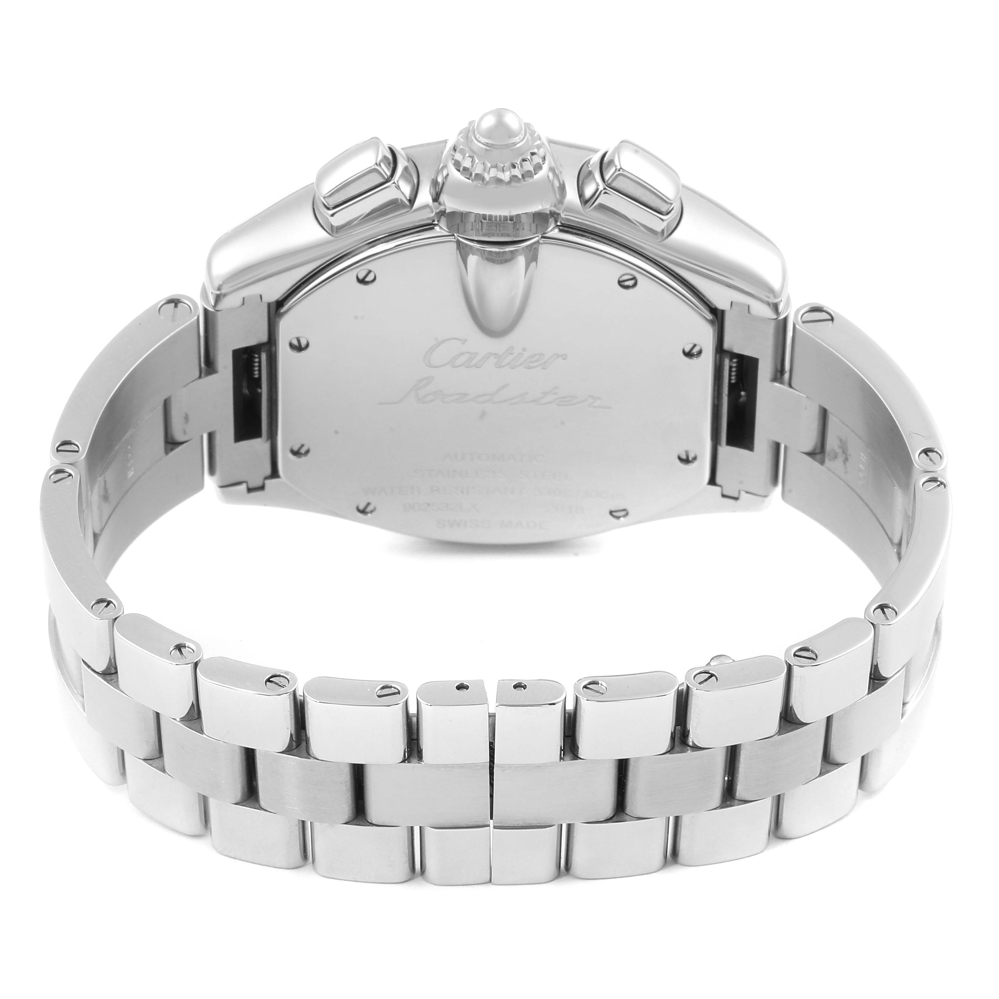 The image shows the back view of a Cartier Roadster W62020X6 Men
s Stainless Steel Black Dial W62020X6 Men
s Stainless Steel Black Dial watch, highlighting the case back and metal bracelet.
