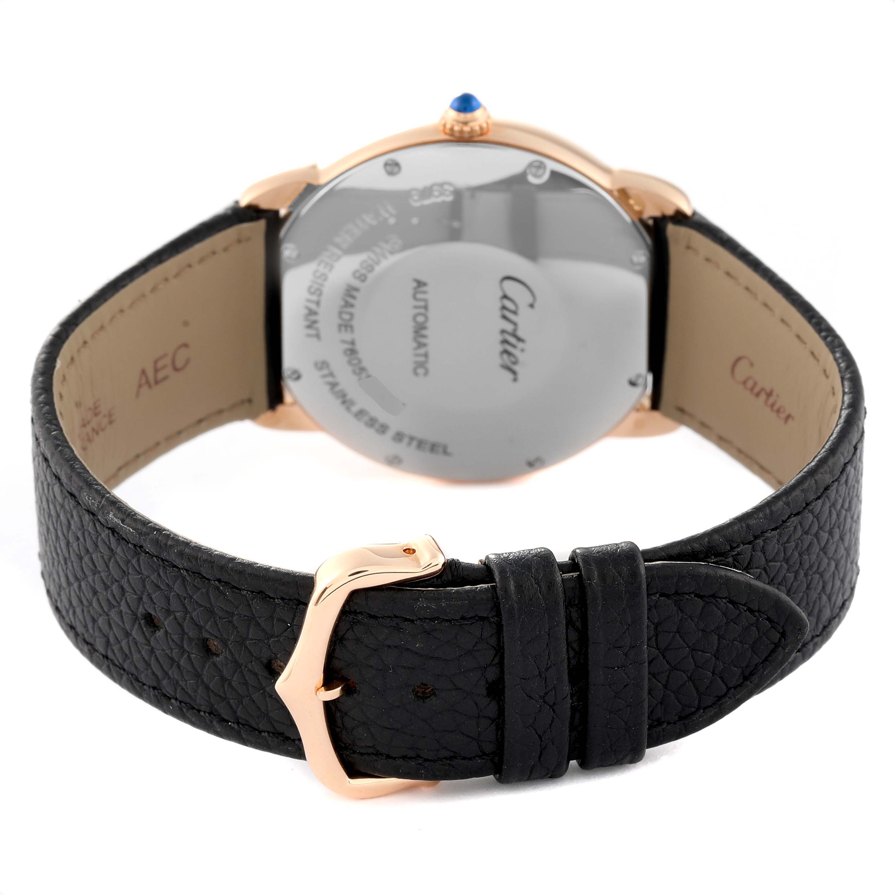 The image shows the back view of a Cartier Ronde W2RN0008 Men's Steel and Gold (two tone) Silver Dial W2RN0008 Men's Steel and Gold (two tone) Silver Dial watch, displaying its case back, black leather strap, and buckle.