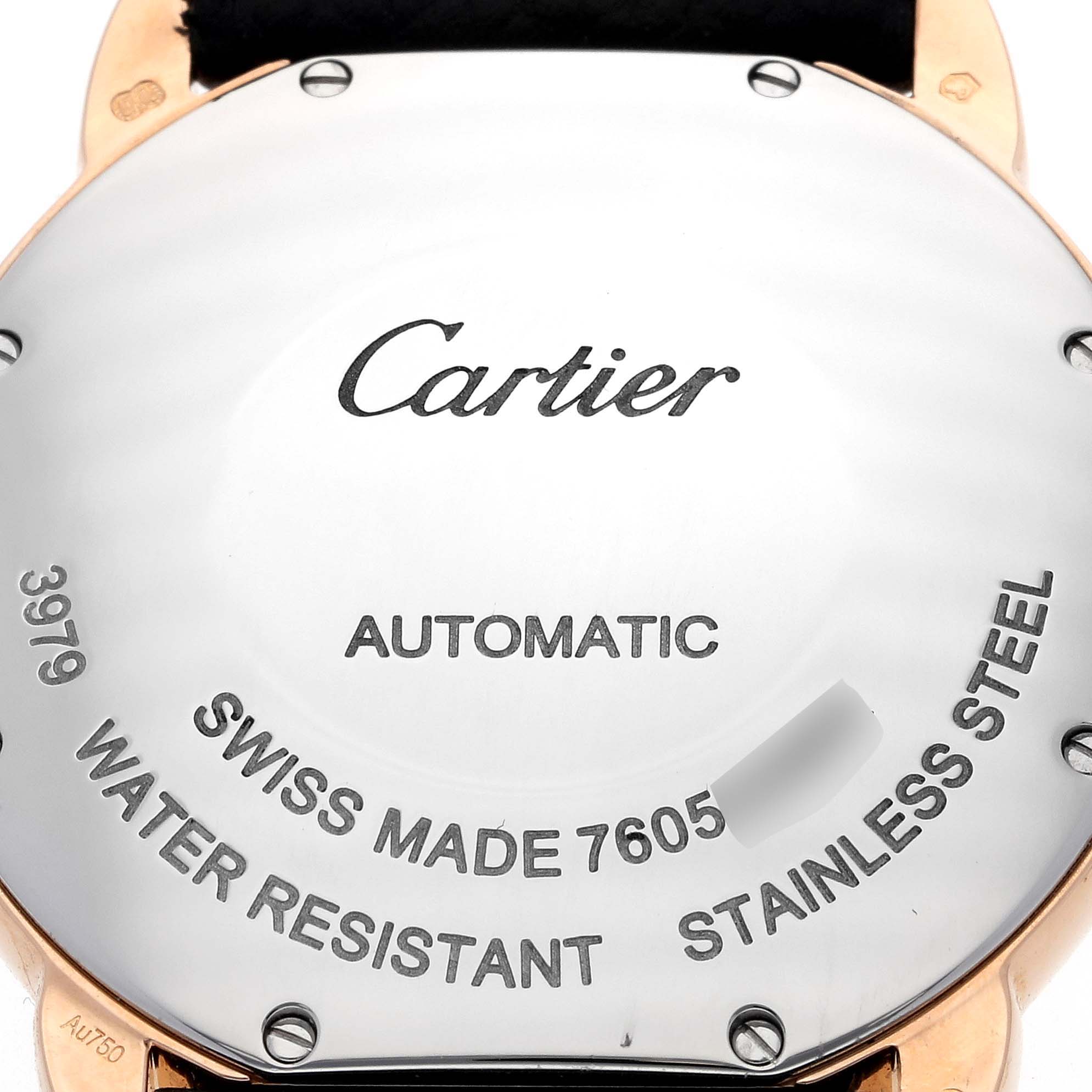 This image shows the back casing of a Cartier Ronde W2RN0008 Men's Steel and Gold (two tone) Silver Dial W2RN0008 Men's Steel and Gold (two tone) Silver Dial model watch, highlighting engravings such as "Automatic" and "Water Resistant."