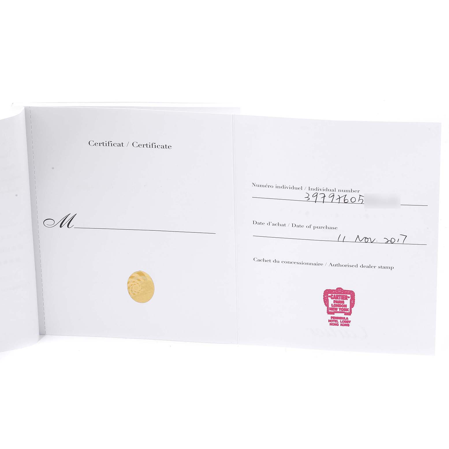 This image shows the open certificate booklet for the Cartier Ronde W2RN0008 Men's Steel and Gold (two tone) Silver Dial W2RN0008 Men's Steel and Gold (two tone) Silver Dial model watch.