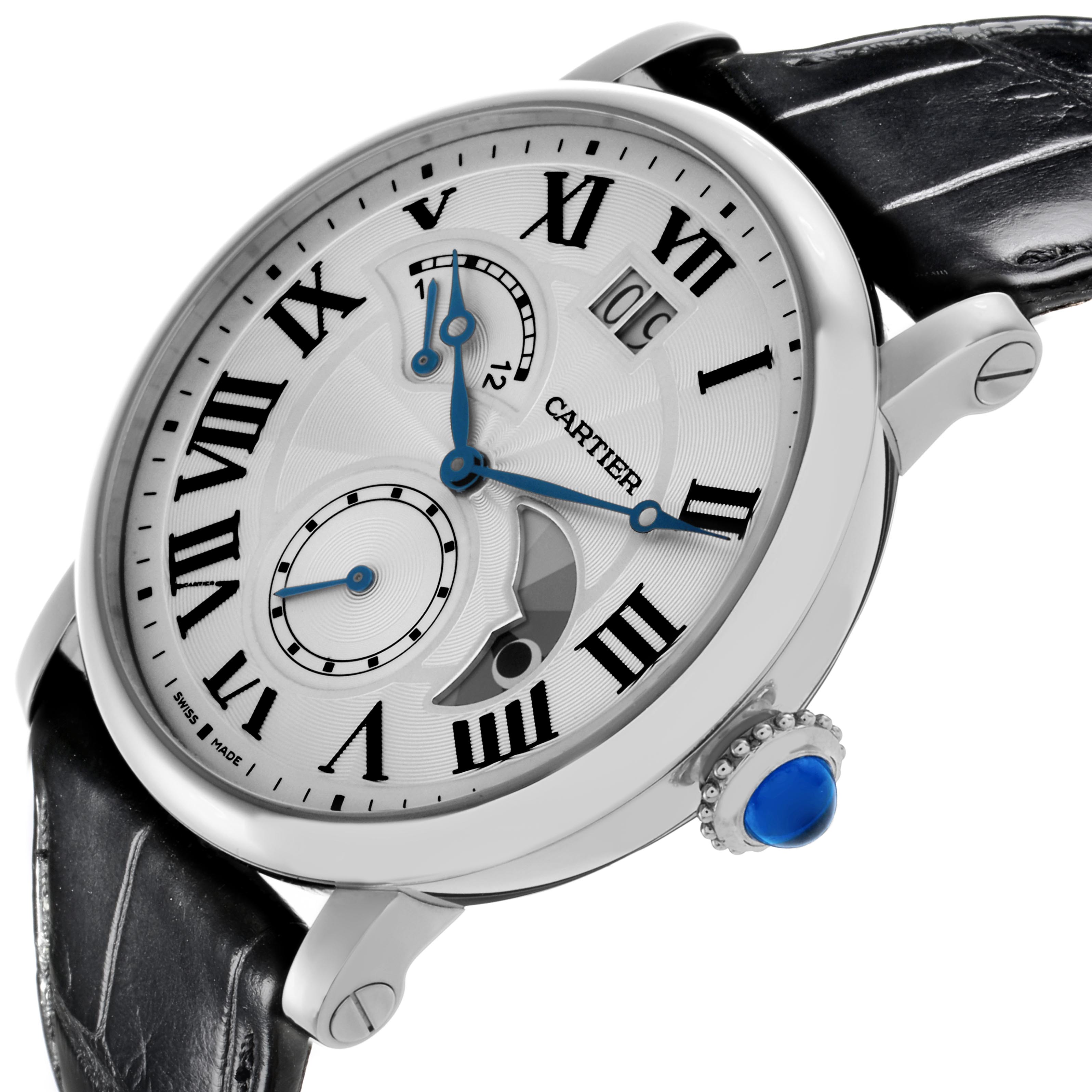 The Cartier Ronde W1556368 Men's Stainless Steel Silver Dial W1556368 Men's Stainless Steel Silver Dial watch is shown at a tilted angle, highlighting the face, Roman numerals, blue hands, and sapphire crown.