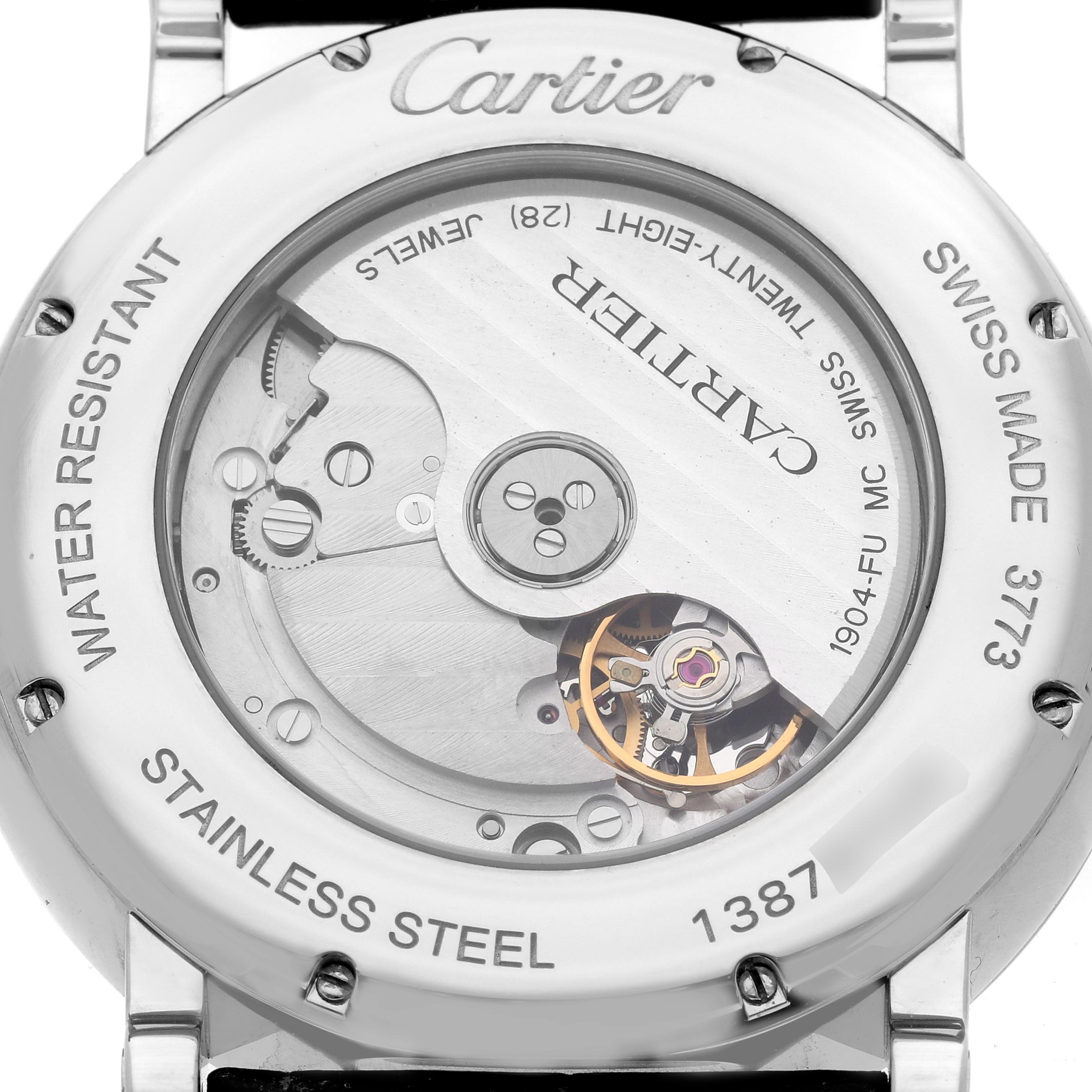 The image shows the back of a Cartier Ronde W1556368 Men's Stainless Steel Silver Dial W1556368 Men's Stainless Steel Silver Dial watch, highlighting its movement and inscriptions like "Water Resistant" and "Stainless Steel."