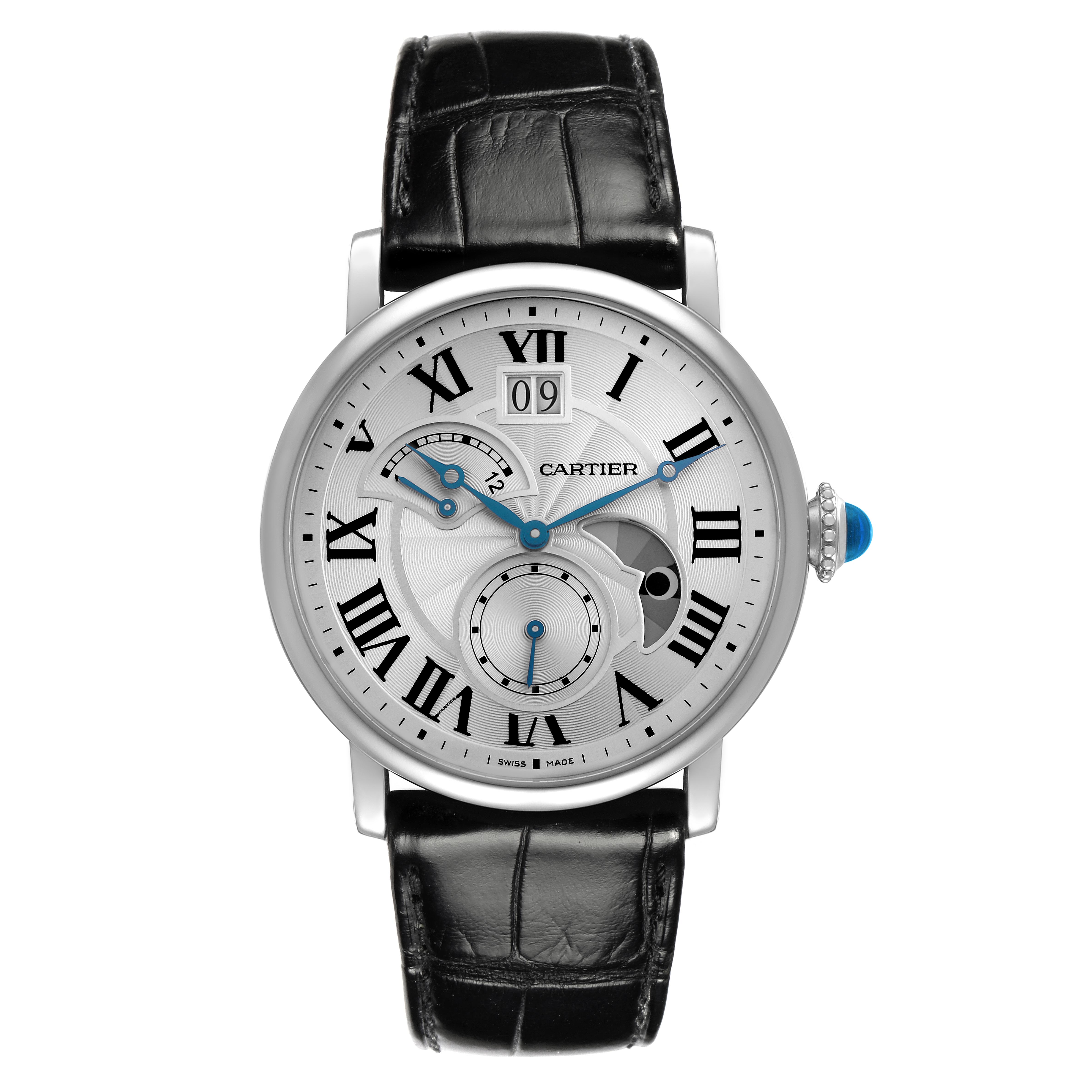 The Cartier Ronde W1556368 Men's Stainless Steel Silver Dial W1556368 Men's Stainless Steel Silver Dial watch is shown from the front, displaying its dial, Roman numerals, hands, sub-dials, and leather strap.