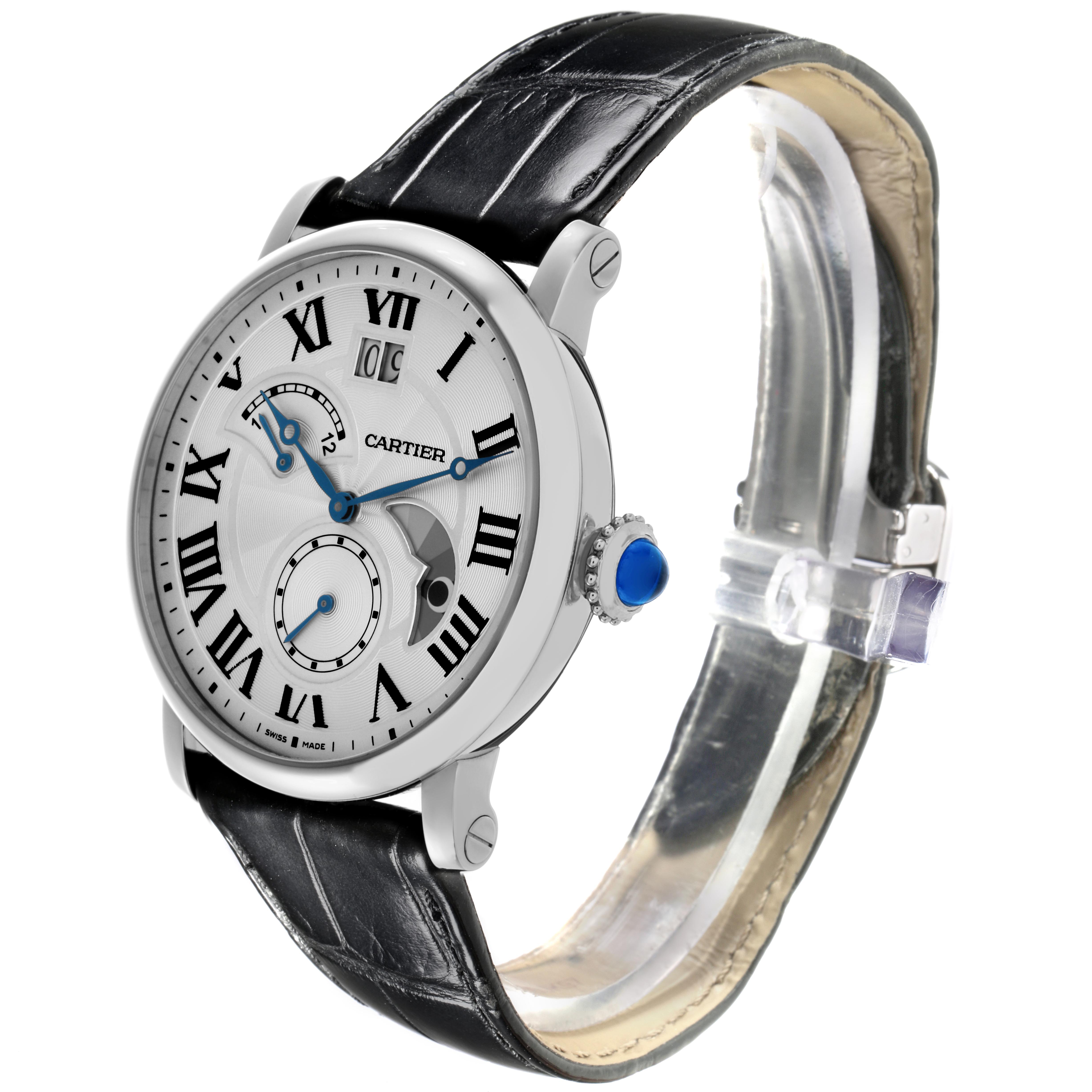 The Cartier Ronde W1556368 Men's Stainless Steel Silver Dial W1556368 Men's Stainless Steel Silver Dial watch is shown at a three-quarter angle, displaying the dial, crown, and black leather strap.