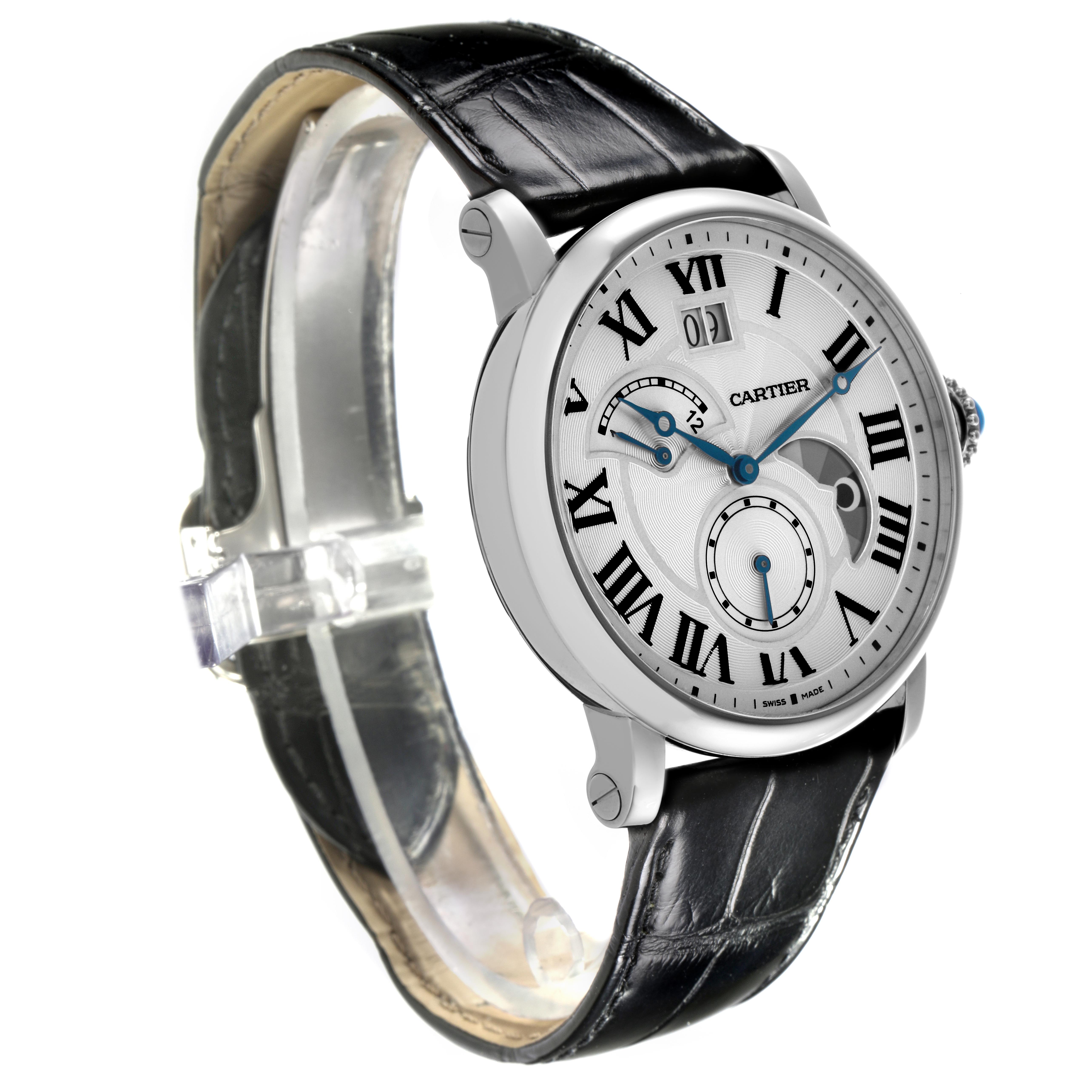 The Cartier Ronde W1556368 Men's Stainless Steel Silver Dial W1556368 Men's Stainless Steel Silver Dial watch is shown at a three-quarter angle highlighting its face, Roman numerals, and black leather strap.