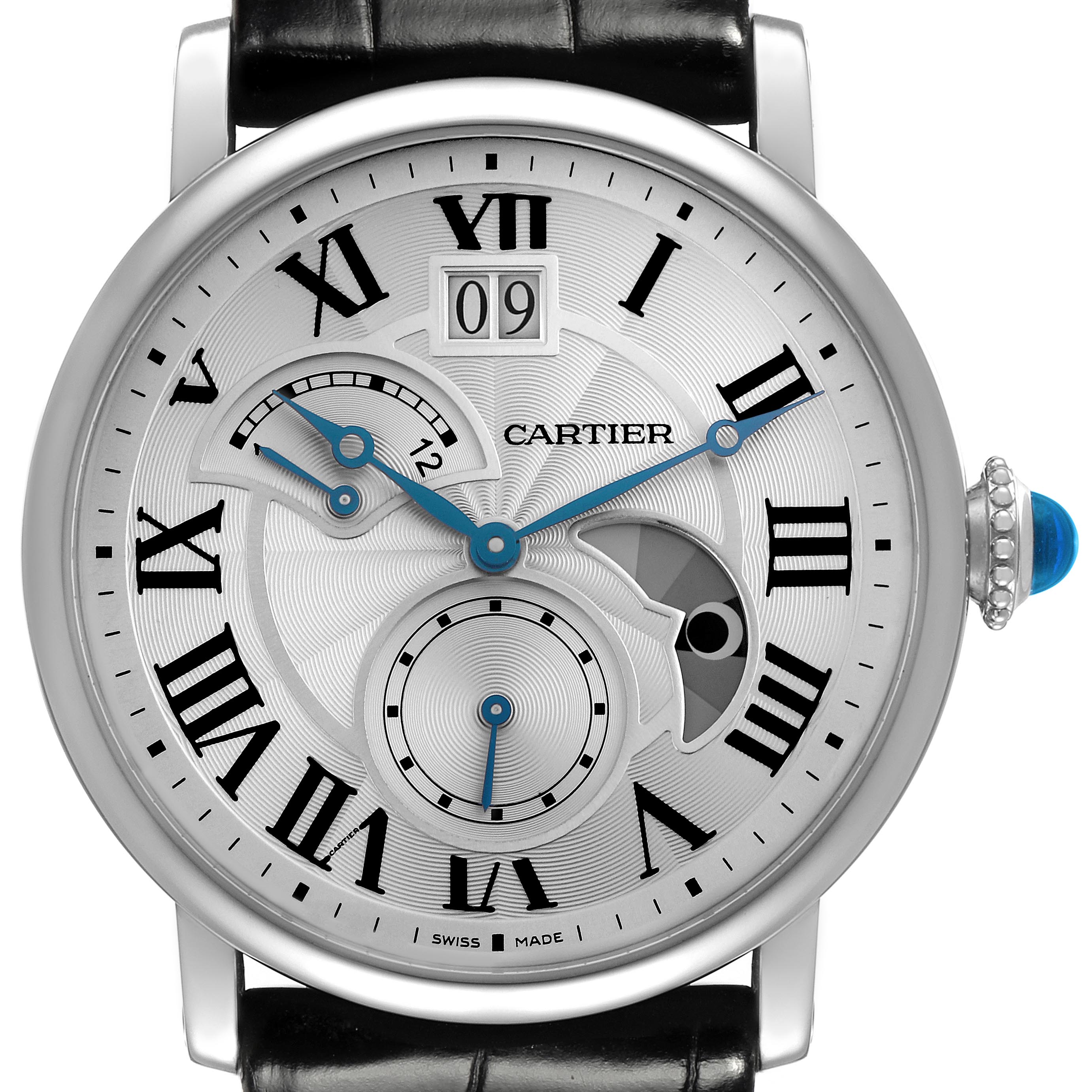 The Cartier Ronde W1556368 Men's Stainless Steel Silver Dial W1556368 Men's Stainless Steel Silver Dial watch is shown from a front angle, highlighting its dial, Roman numerals, and blue hands with a crown.
