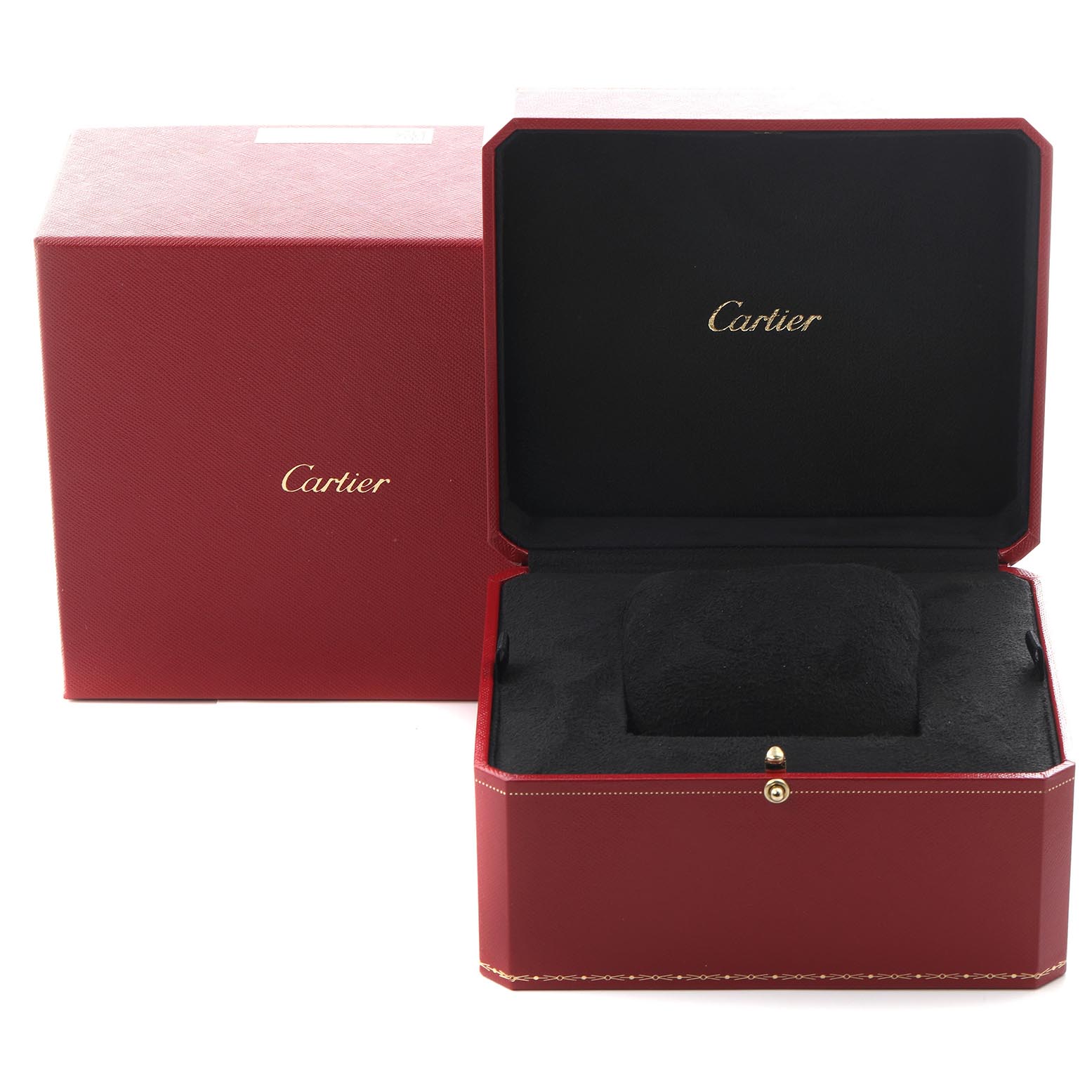 The image shows the red box and open case for a Cartier Ronde W1556368 Men's Stainless Steel Silver Dial W1556368 Men's Stainless Steel Silver Dial watch, with the Cartier logo inside.