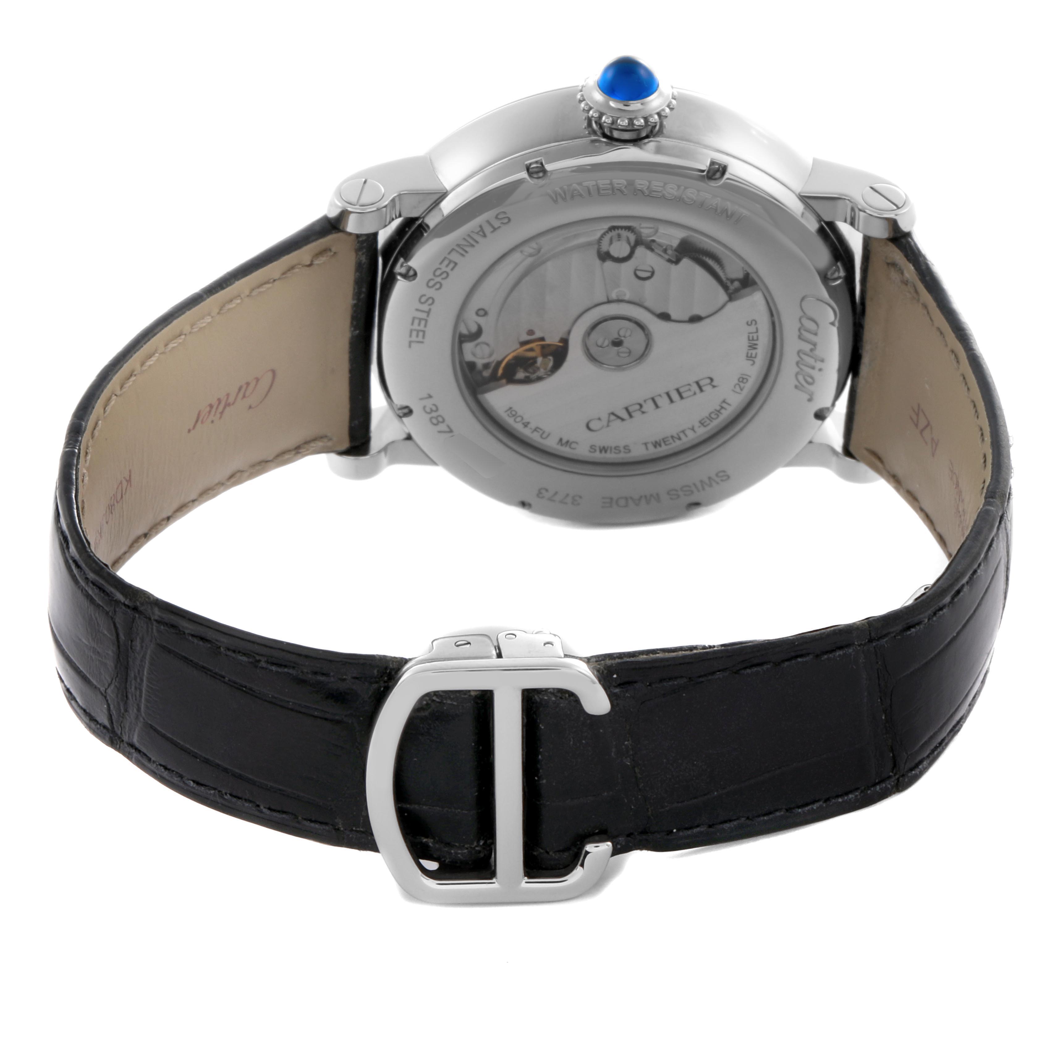 The image shows the back of the Cartier Ronde W1556368 Men's Stainless Steel Silver Dial W1556368 Men's Stainless Steel Silver Dial watch, including its case back and black leather strap with a buckle.