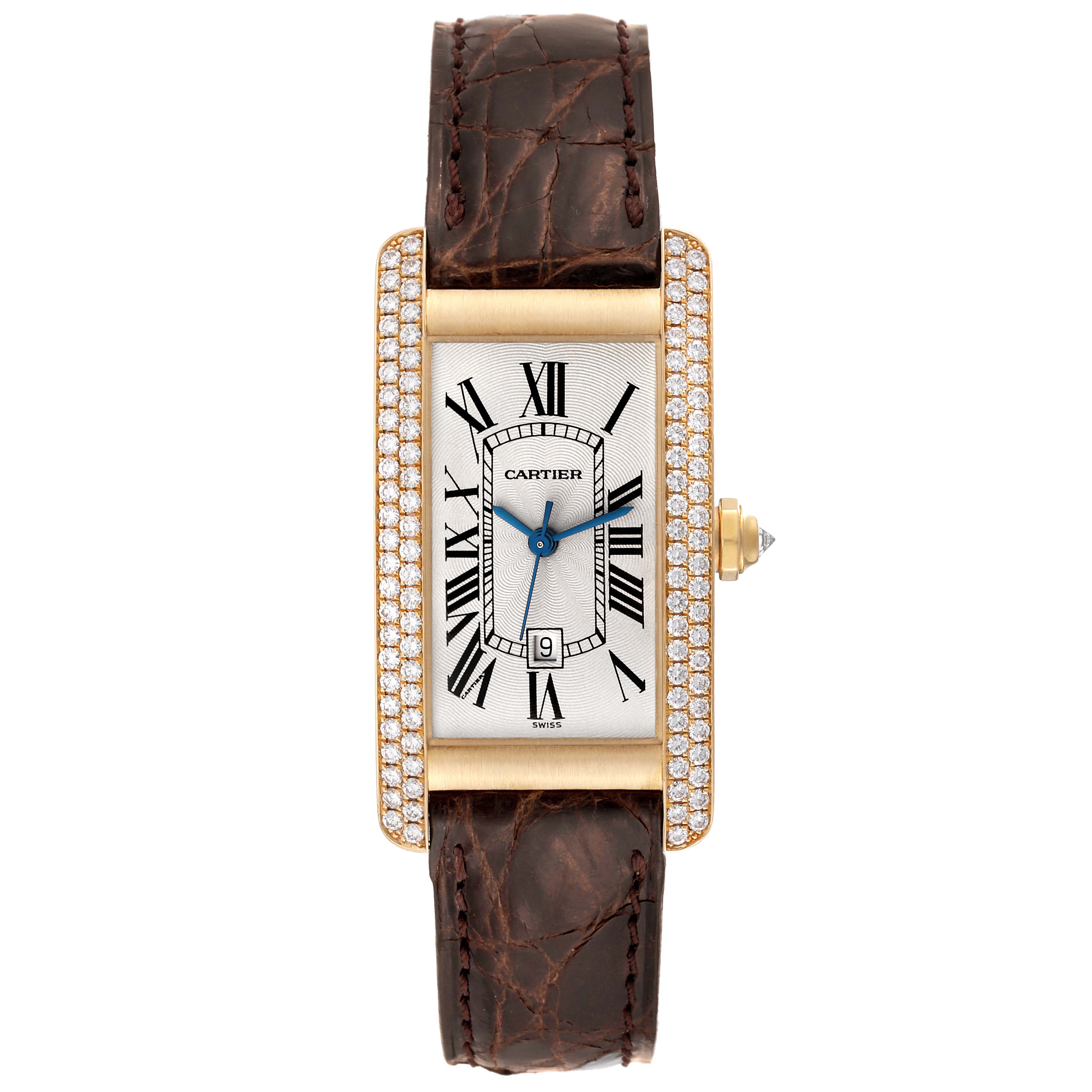 The image shows a front view of the Tank Americaine model watch by Cartier, featuring a rectangular face with Roman numerals and a leather strap.