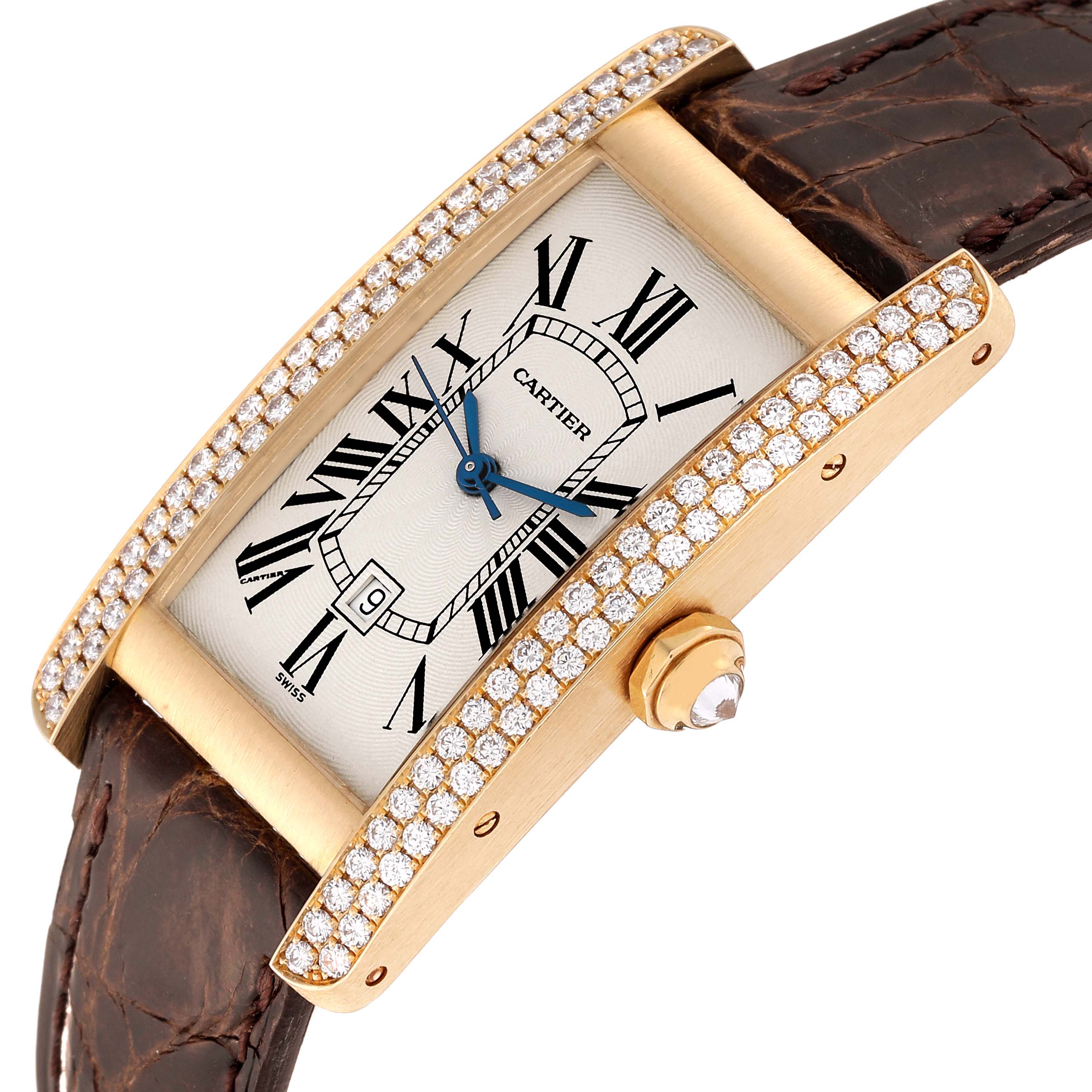 The image shows a close-up of a Cartier Tank Américaine watch face, bezel, and part of the leather strap.