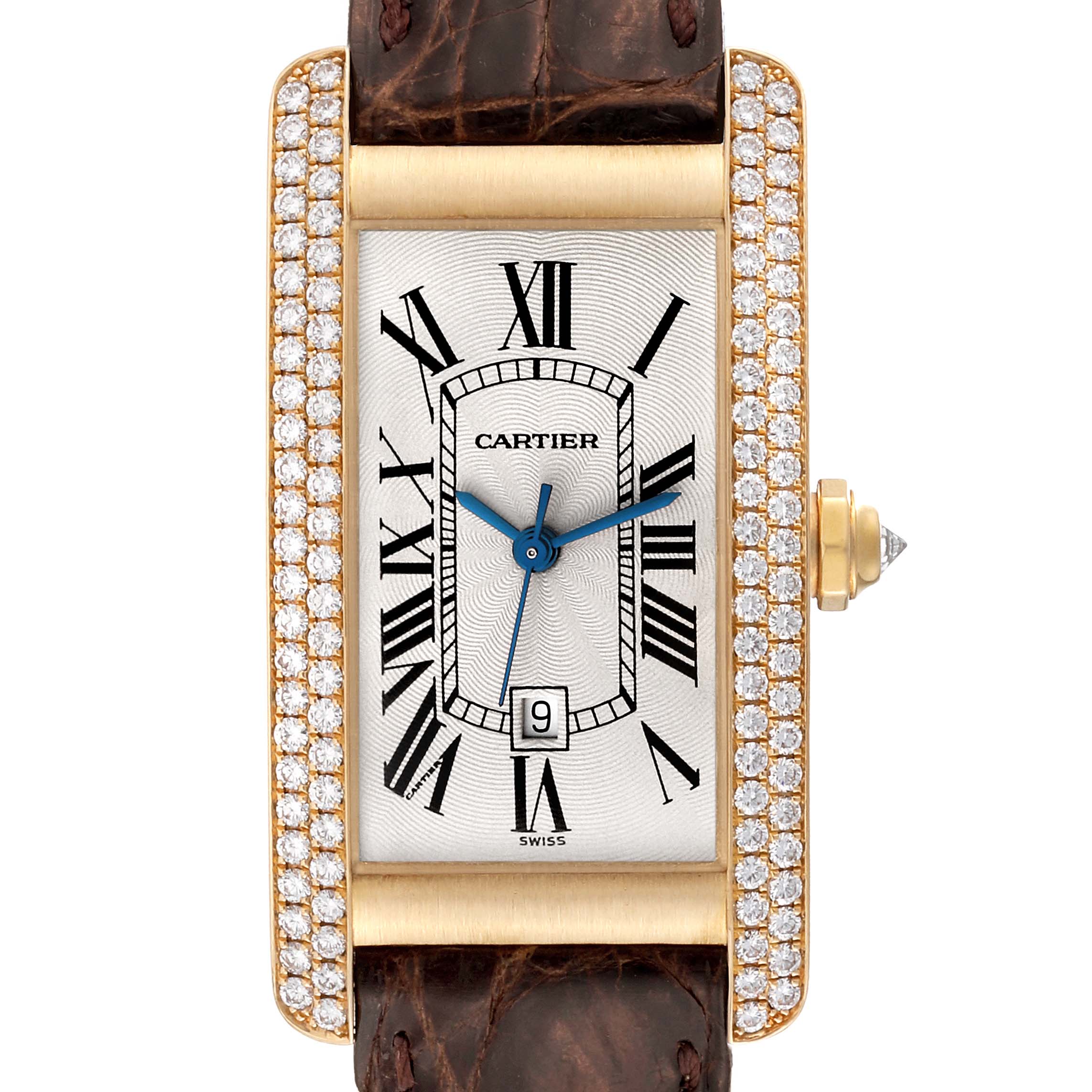 The image shows a front view of the Cartier Tank Americaine WB7019K2 Women's Yellow Gold Silver Dial WB7019K2 Women's Yellow Gold Silver Dial watch, highlighting its face, Roman numeral dial, diamond-set bezel, and leather strap.
