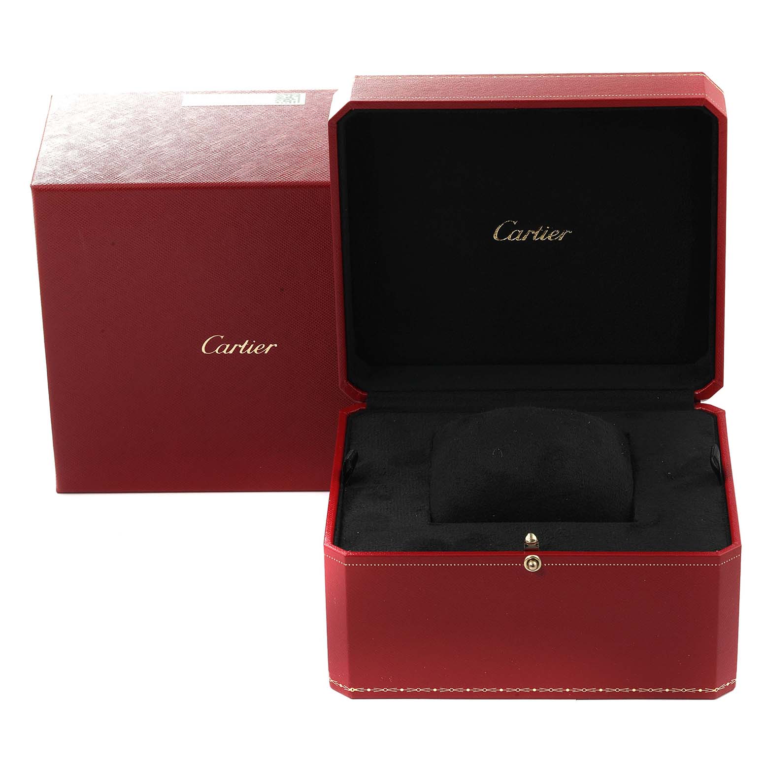 The image shows an open red and black Cartier watch box for the Tank Americaine model, with the cushion inside.
