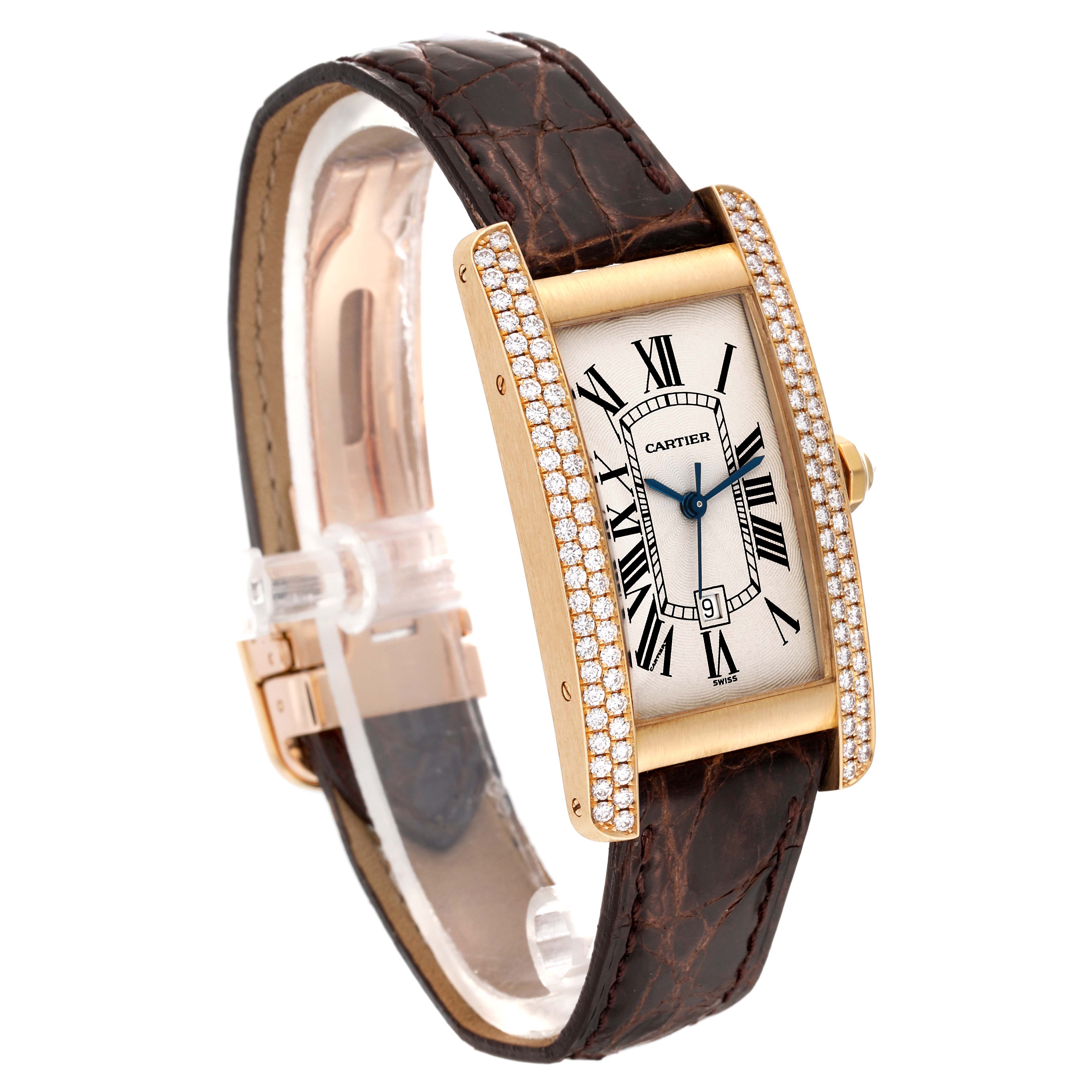 The Cartier Tank Américaine watch is shown at a slight angle, featuring a rectangular gold case with diamonds and a brown leather strap.