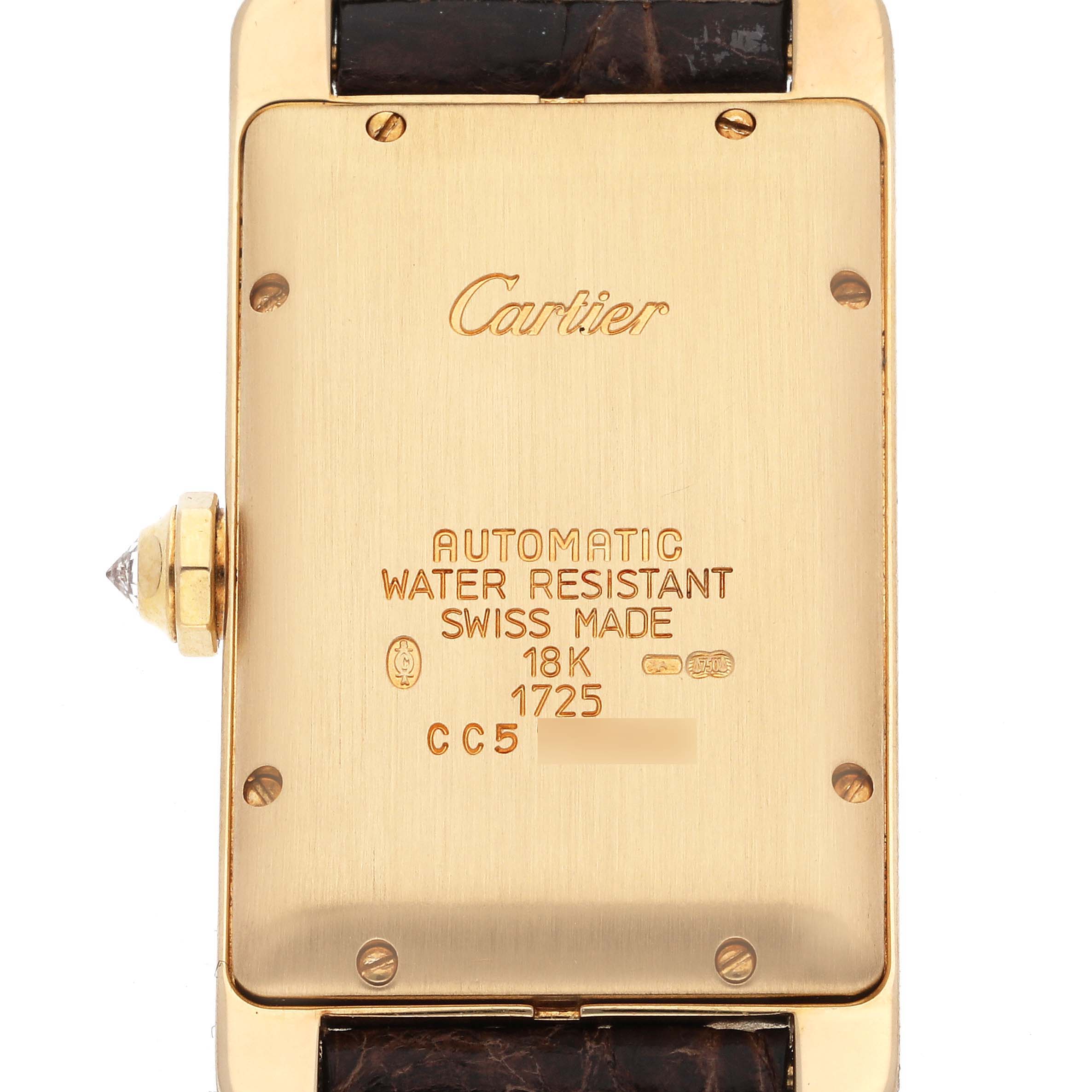 The image shows the backside of a Cartier Tank Américaine watch, highlighting details like water resistance, 18K gold, and automatic movement.