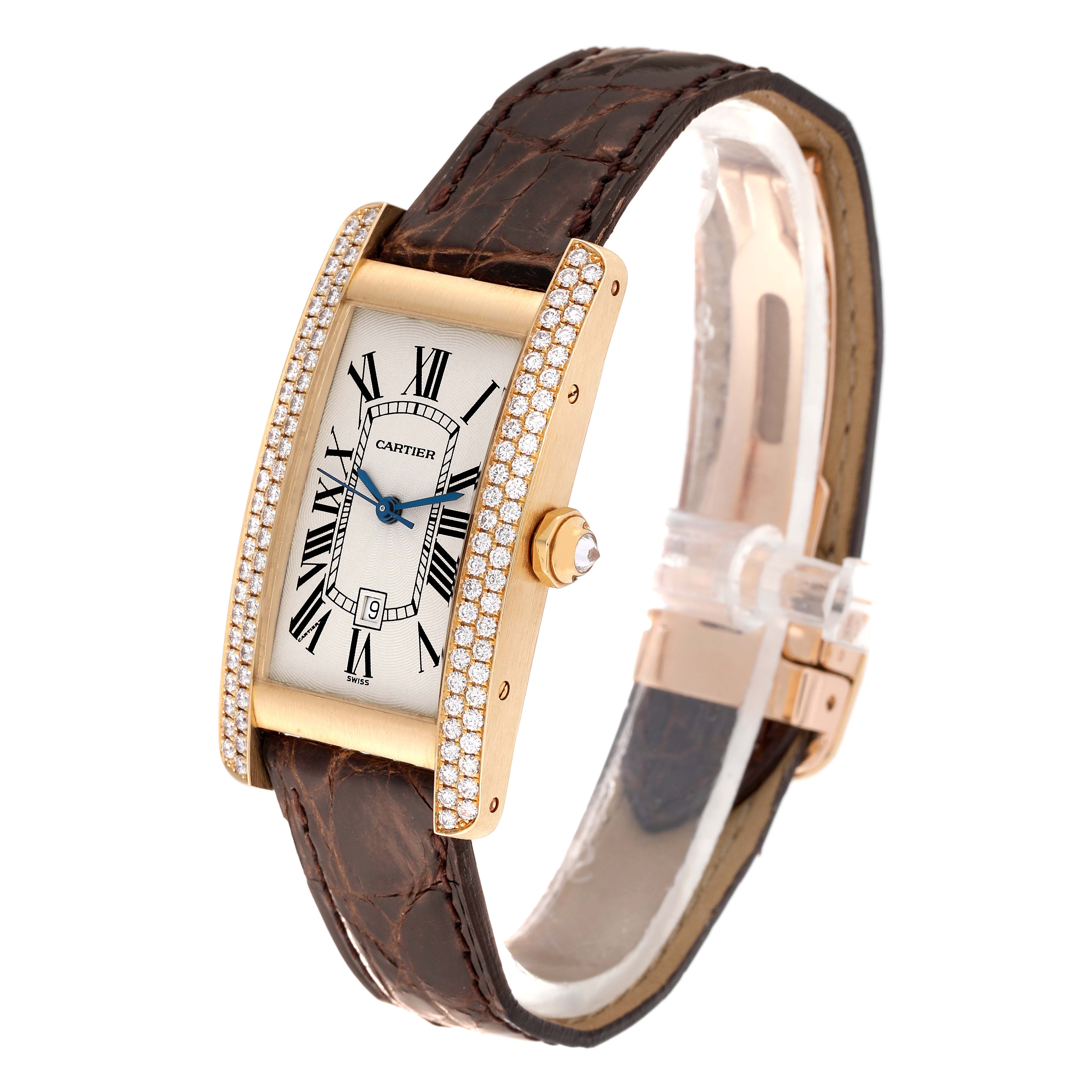 The Tank Americaine model by Cartier is shown at an angle displaying the face, side, and brown leather strap.