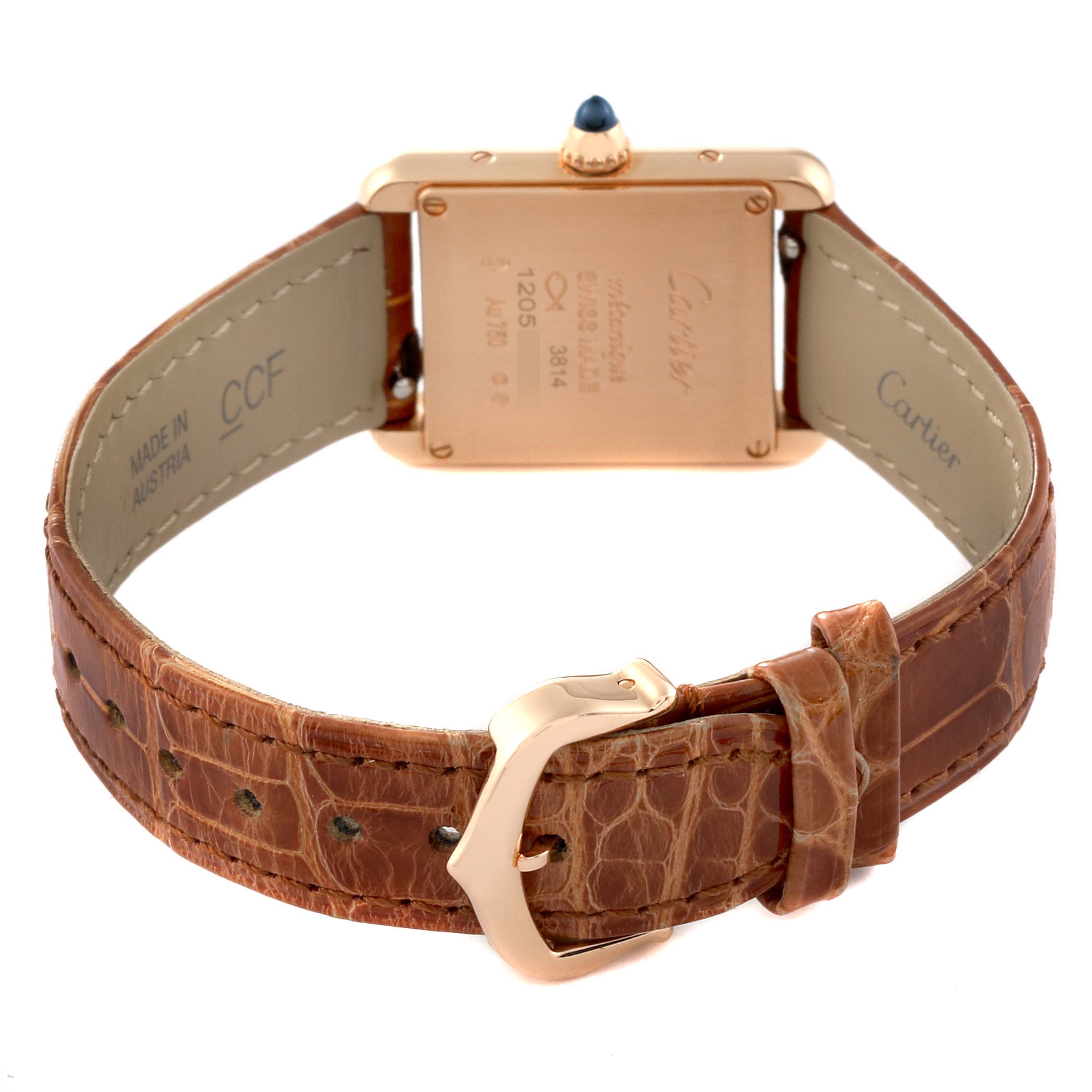 The image shows the back view of a Cartier Tank Louis WGTA0010 Women
s Rose Gold Silver Dial WGTA0010 Women
s Rose Gold Silver Dial watch, highlighting the case back, strap, and buckle.