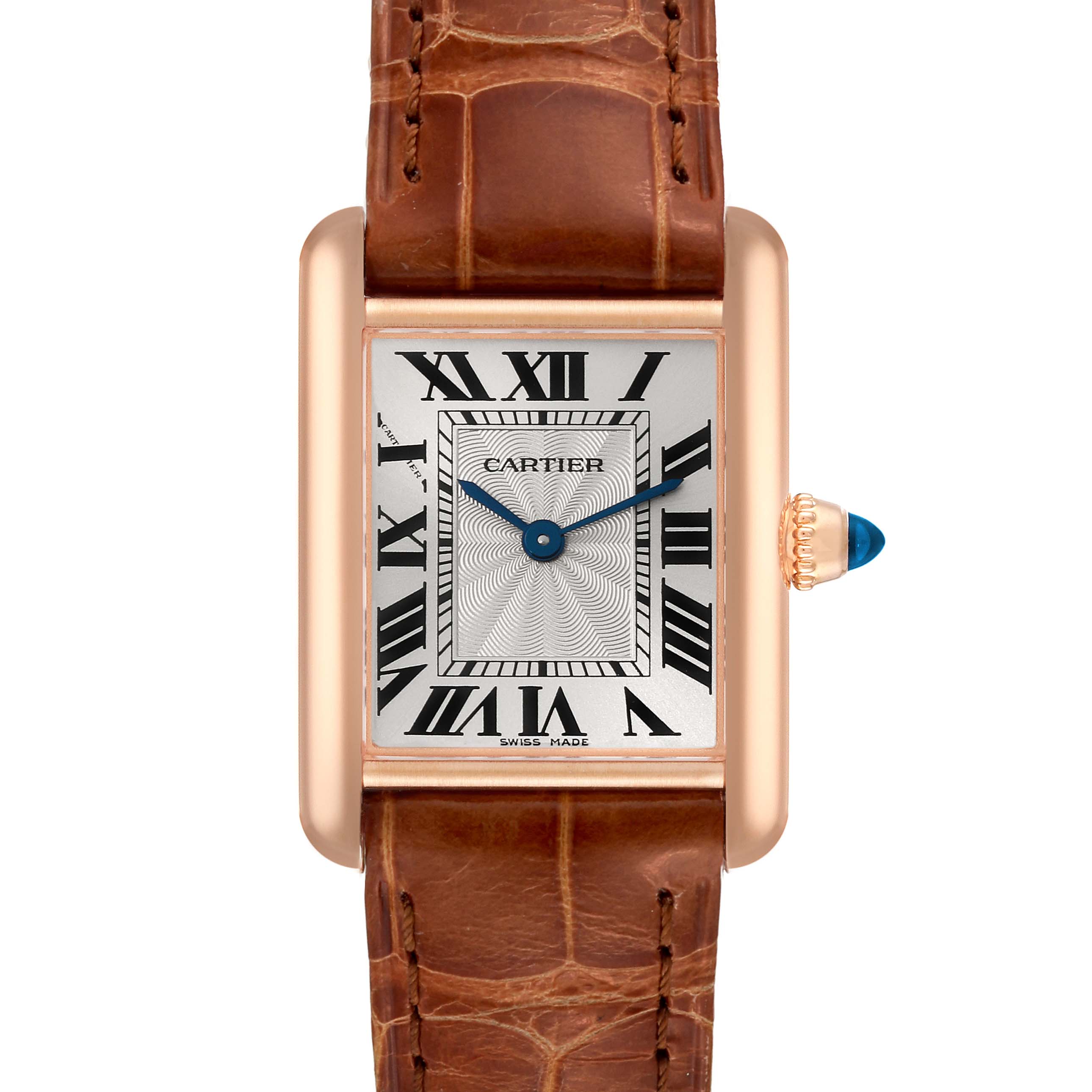 This image shows a frontal view of the Cartier Tank Louis WGTA0010 Women
s Rose Gold Silver Dial WGTA0010 Women
s Rose Gold Silver Dial watch, highlighting its rectangular face, Roman numeral dial, and leather strap.