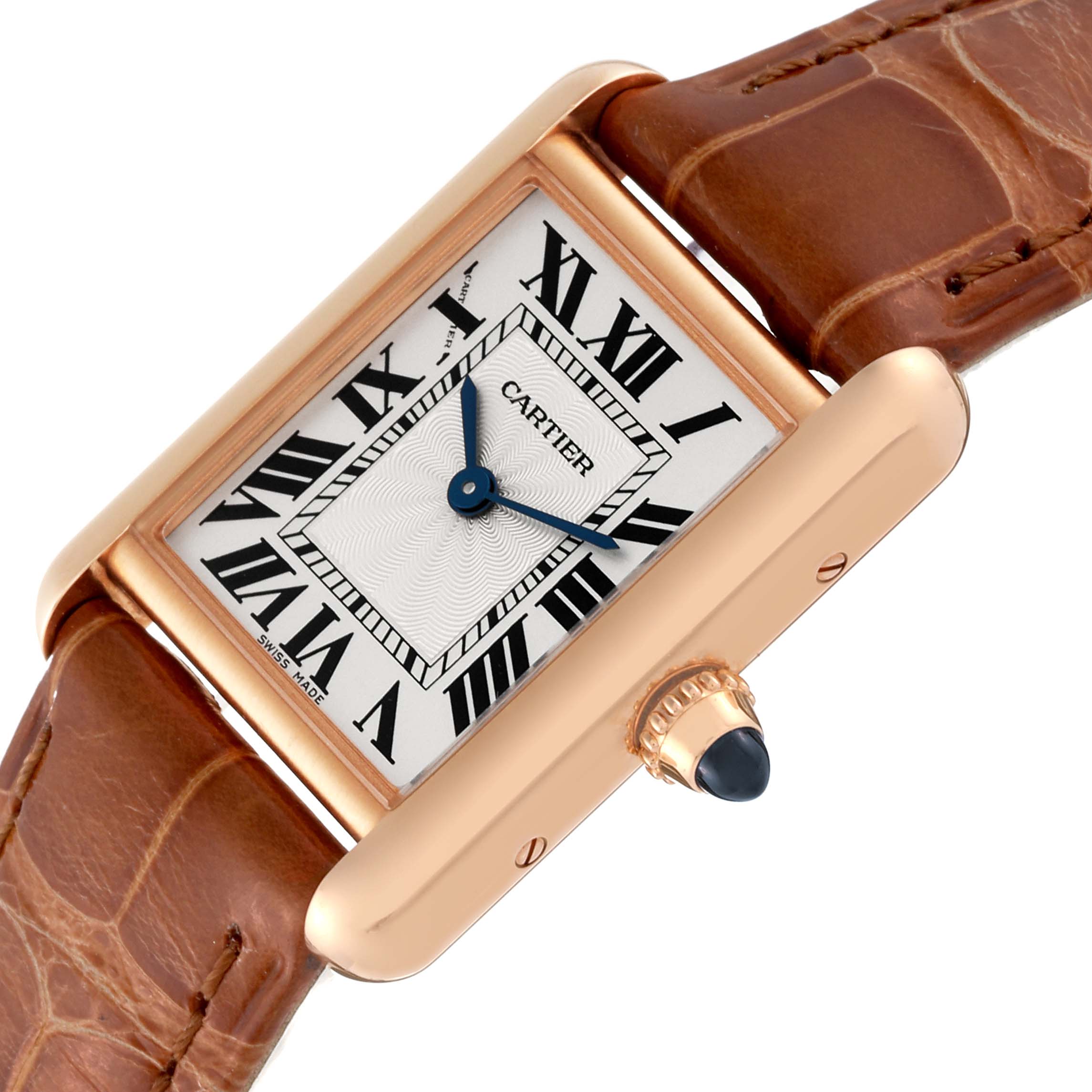 The image shows a close-up of the Cartier Tank Louis WGTA0010 Women
s Rose Gold Silver Dial WGTA0010 Women
s Rose Gold Silver Dial watch
s face and crown at a slight angle, highlighting its rectangular case and leather strap.