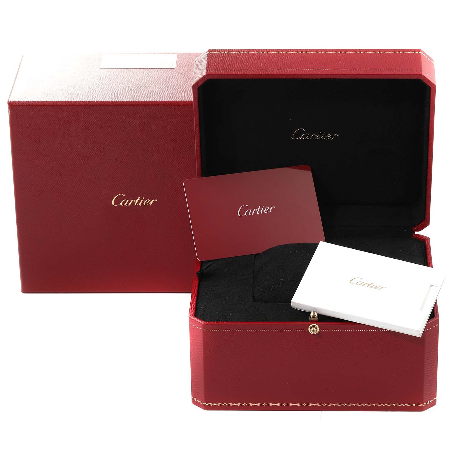 The image shows the watch box, warranty card, and booklet for the Tank Louis model by Cartier.