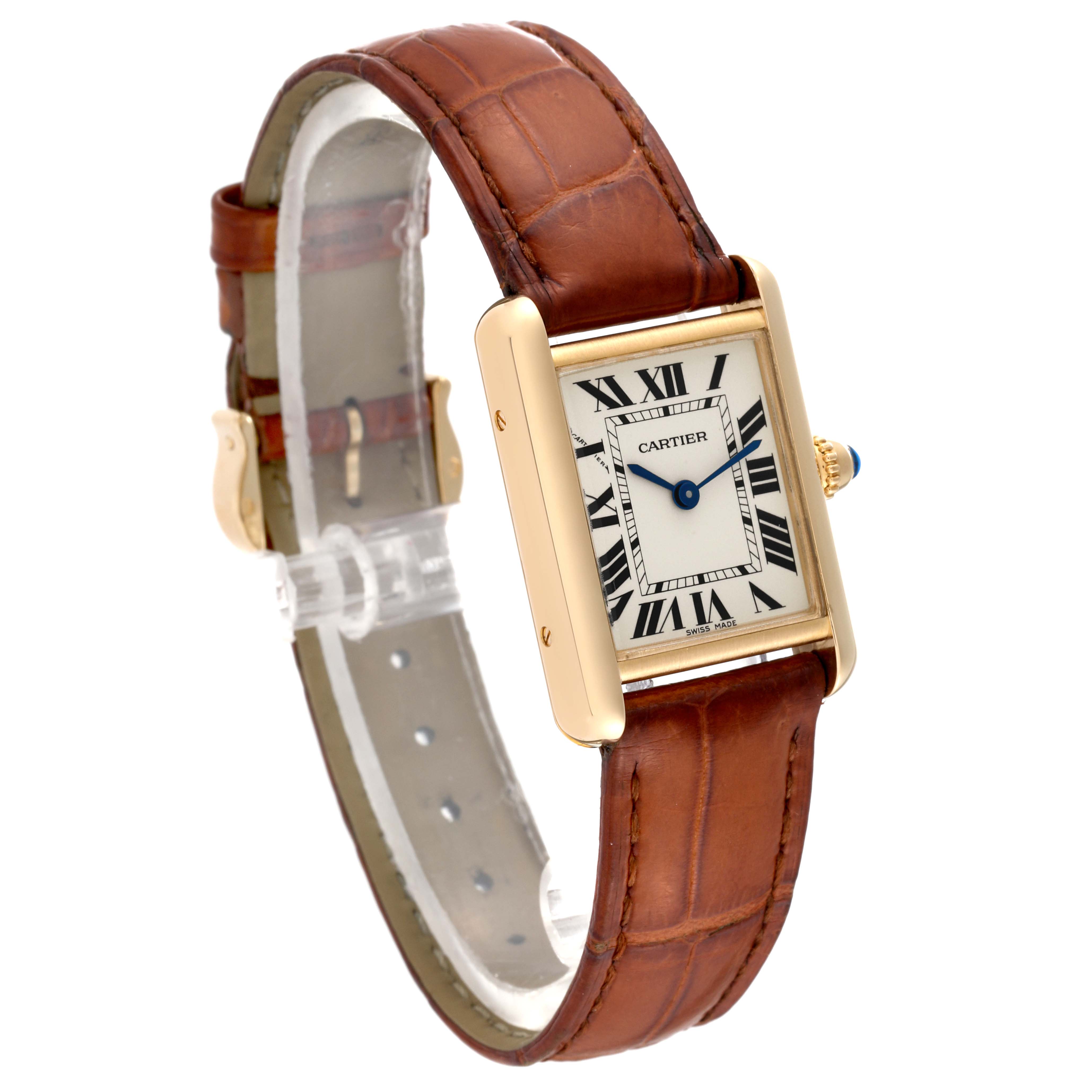 This image shows a side view of the Cartier Tank Louis W1529856 Women's Yellow Gold Silver Dial W1529856 Women's Yellow Gold Silver Dial watch featuring a brown leather strap and a rectangular gold case.
