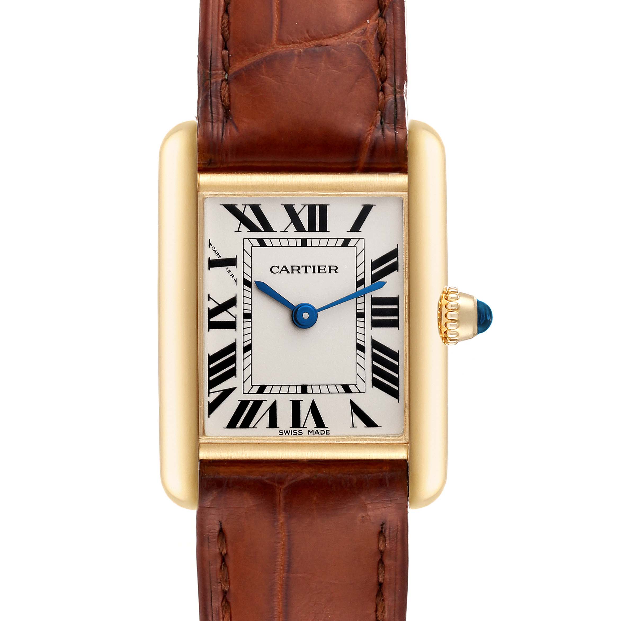 The image shows a frontal view of a Cartier Tank Louis W1529856 Women's Yellow Gold Silver Dial W1529856 Women's Yellow Gold Silver Dial watch, including the dial, case, and brown leather strap.