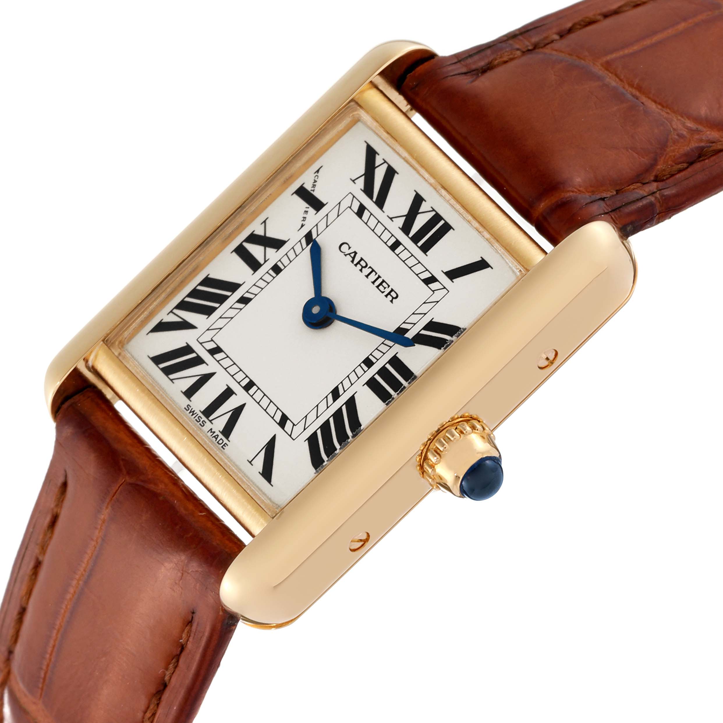The image shows a close-up angled view of the dial, crown, and strap of the Cartier Tank Louis W1529856 Women's Yellow Gold Silver Dial W1529856 Women's Yellow Gold Silver Dial watch model.