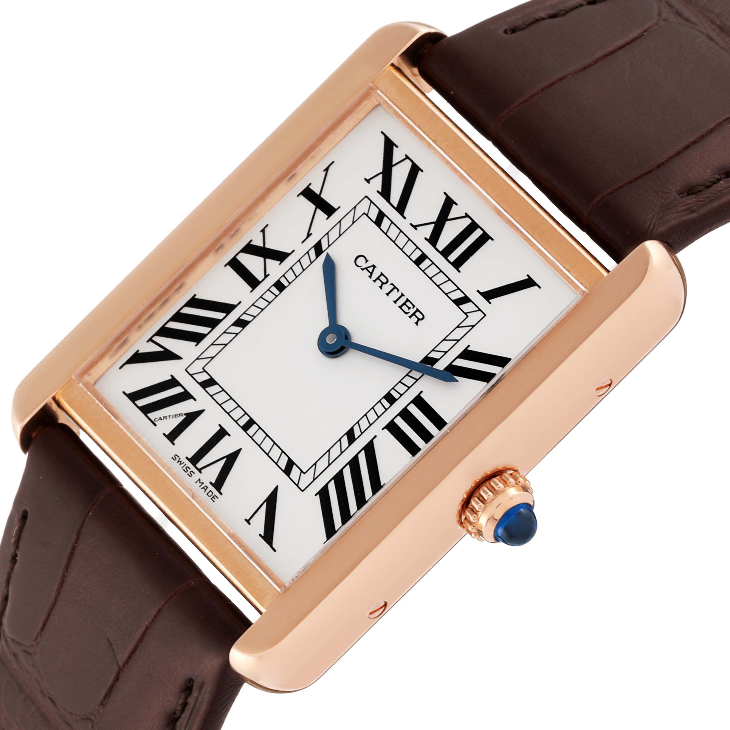 The image shows a close-up of the Cartier Tank Solo W5200025 Men
s Steel and Gold (two tone) Silver Dial W5200025 Men
s Steel and Gold (two tone) Silver Dial watch face and part of the brown leather strap at an angle.
