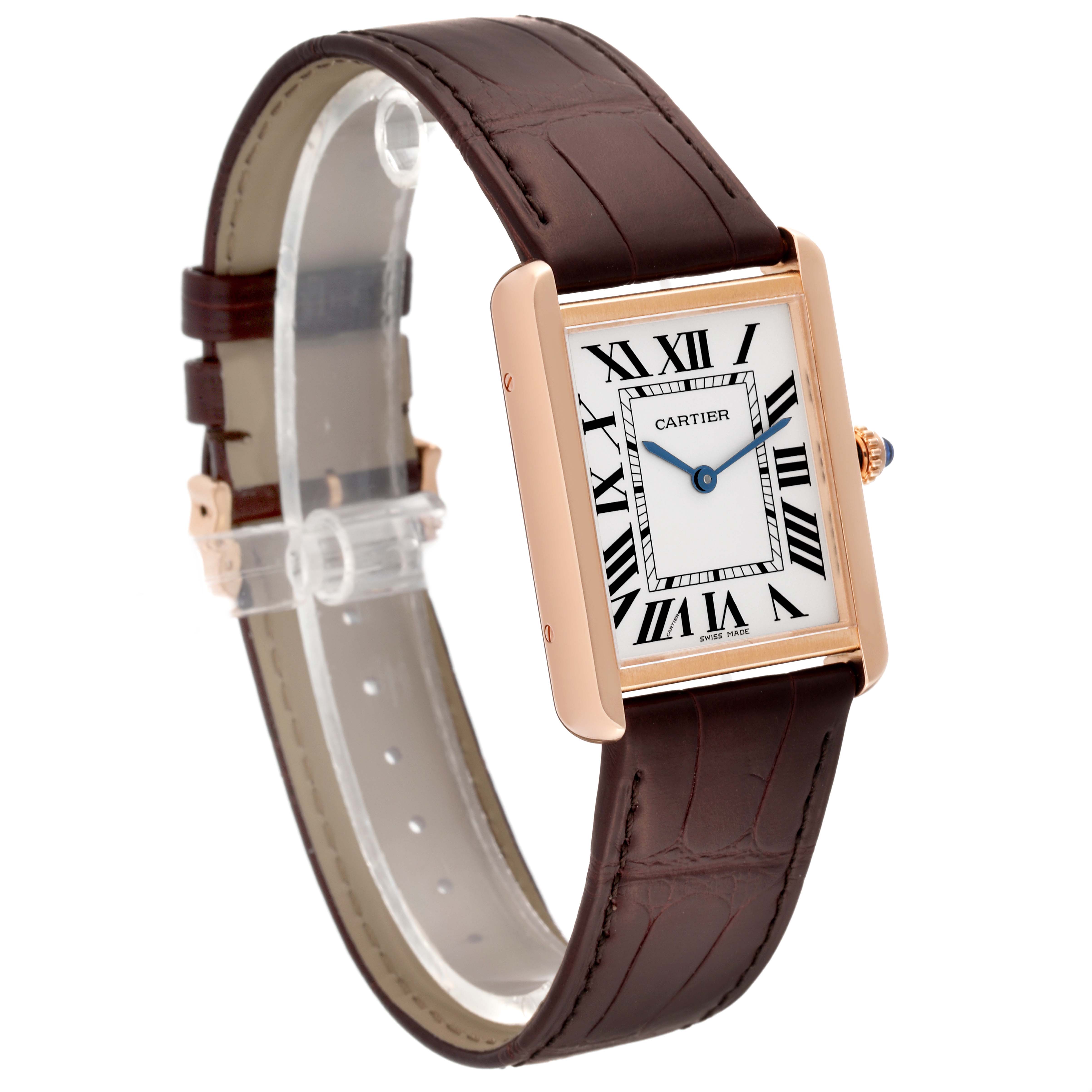 The Cartier Tank Solo W5200025 Men
s Steel and Gold (two tone) Silver Dial W5200025 Men
s Steel and Gold (two tone) Silver Dial watch is shown at an angle, displaying its face, leather strap, and crown.