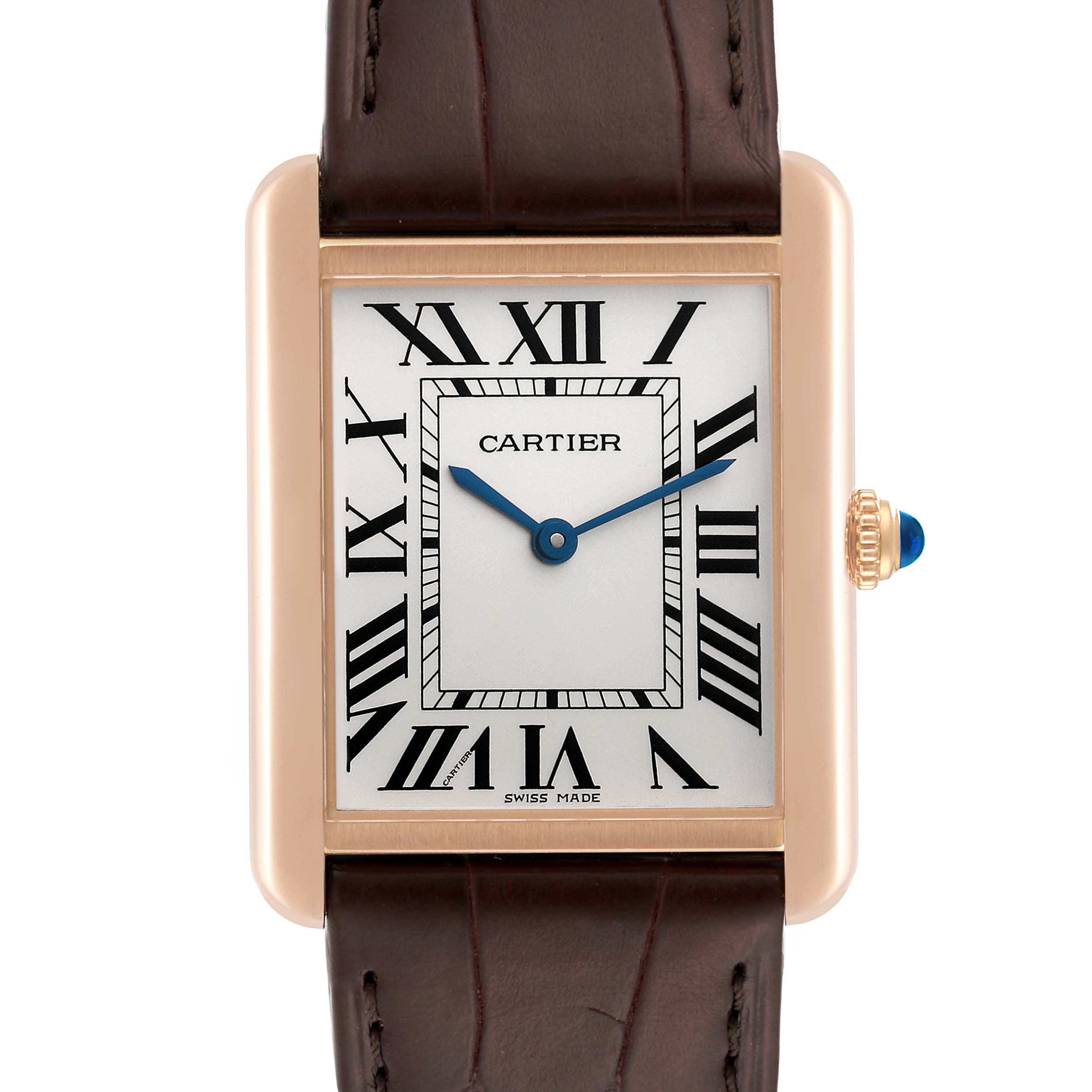 This Cartier Tank Solo W5200025 Men
s Steel and Gold (two tone) Silver Dial W5200025 Men
s Steel and Gold (two tone) Silver Dial watch is shown from a front angle, highlighting its rectangular face, Roman numerals, and leather strap.