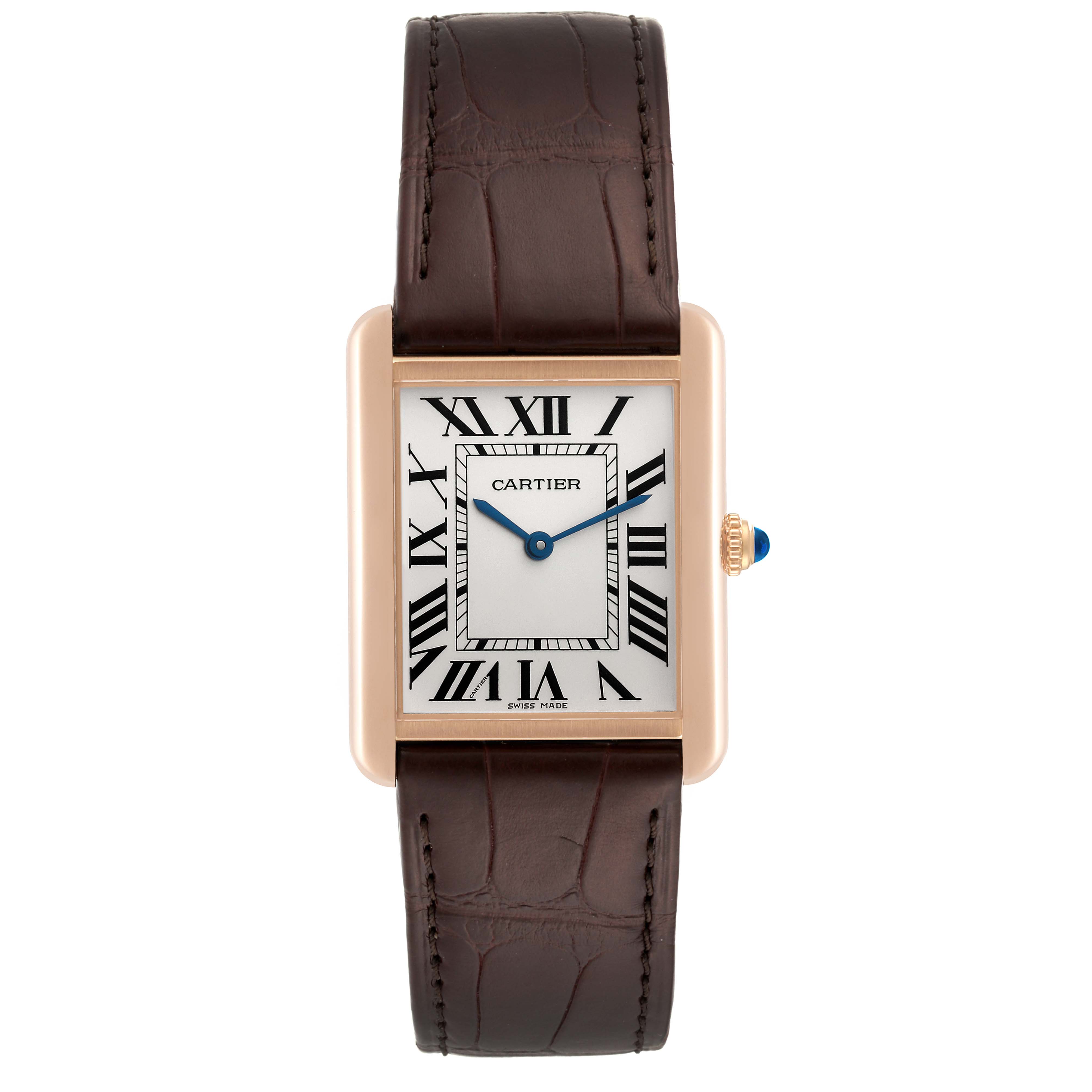 The image shows a Cartier Tank Solo W5200025 Men
s Steel and Gold (two tone) Silver Dial W5200025 Men
s Steel and Gold (two tone) Silver Dial watch, displayed from a top-down angle highlighting its face, brown leather strap, and side crown.